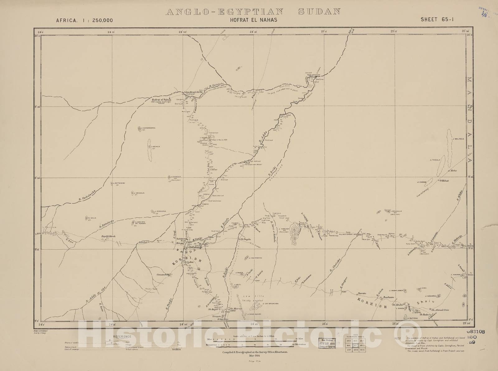 Historic 1909 Map - Sudan 1:250,000 - Hofrat El Nahas Sheet 65-I Mar 1916 - Anglo-Egyptian Sudan 2