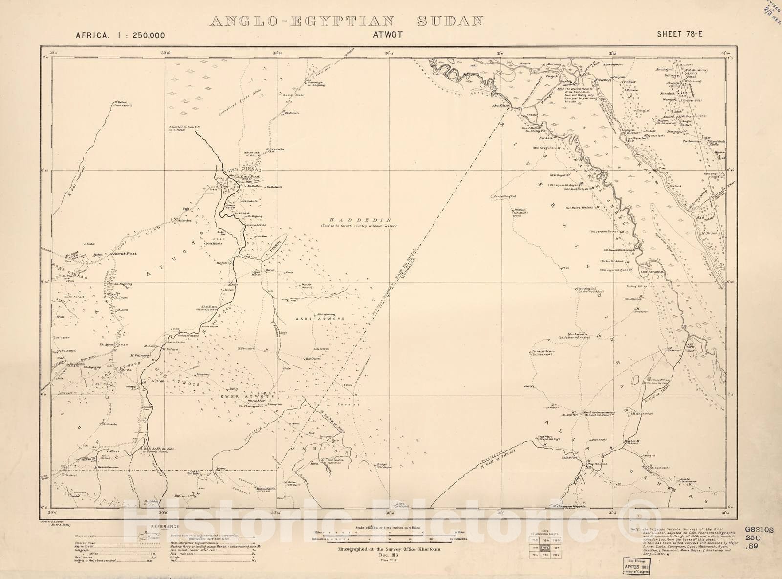 Historic 1909 Map - Sudan 1:250,000 - Atwot Sheet 78-E Dec 1913 - Anglo-Egyptian Sudan