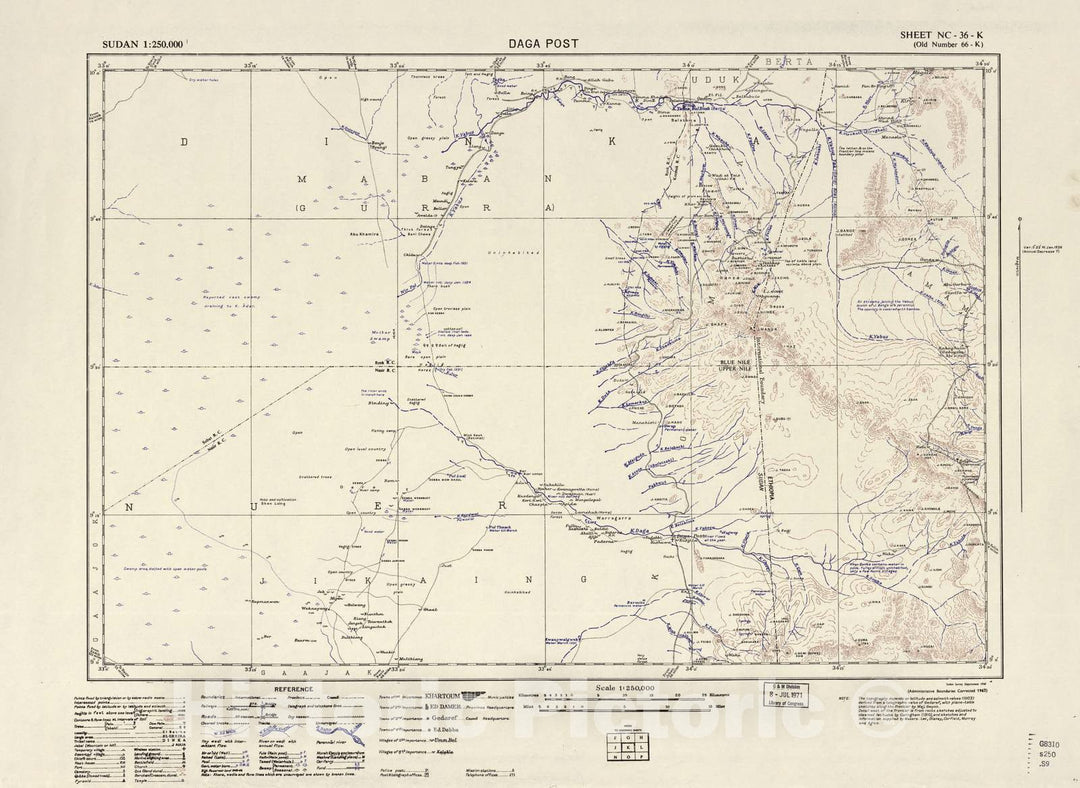 Historic 1909 Map - Sudan 1:250,000 - Daga Post Sheet NC-36-K (Old Number 66-K; No Month) 1967 - Anglo-Egyptian Sudan