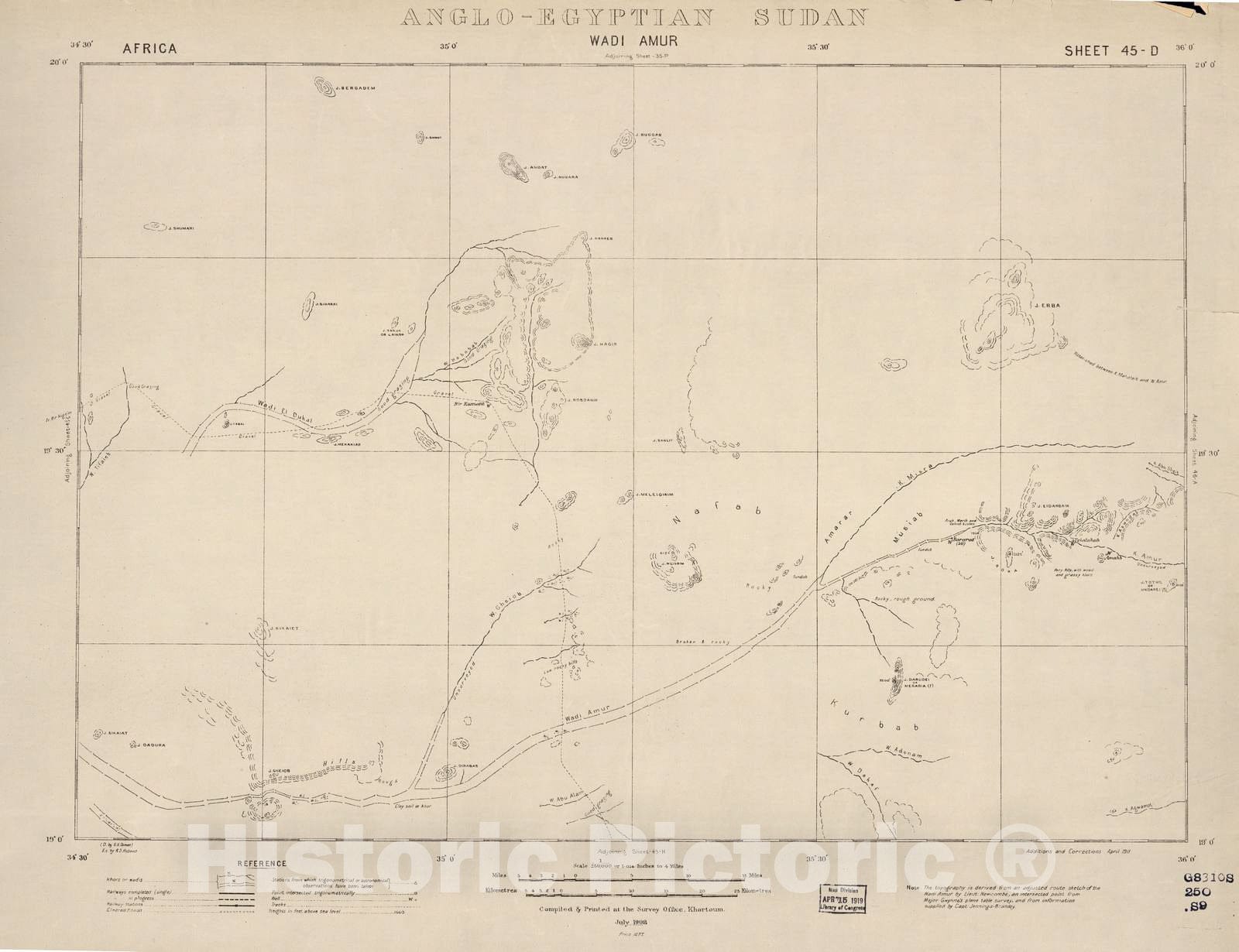 Historic 1909 Map - Sudan 1:250,000 - Wadi Amur Sheet 45-D Jul 1908 - Anglo-Egyptian Sudan