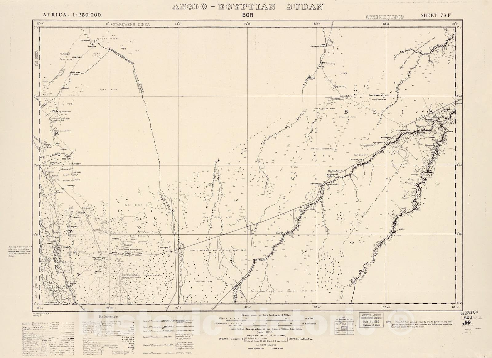 Historic 1909 Map - Sudan 1:250,000 - BOR Sheet 78-F Jun 1933 - Anglo-Egyptian Sudan 1