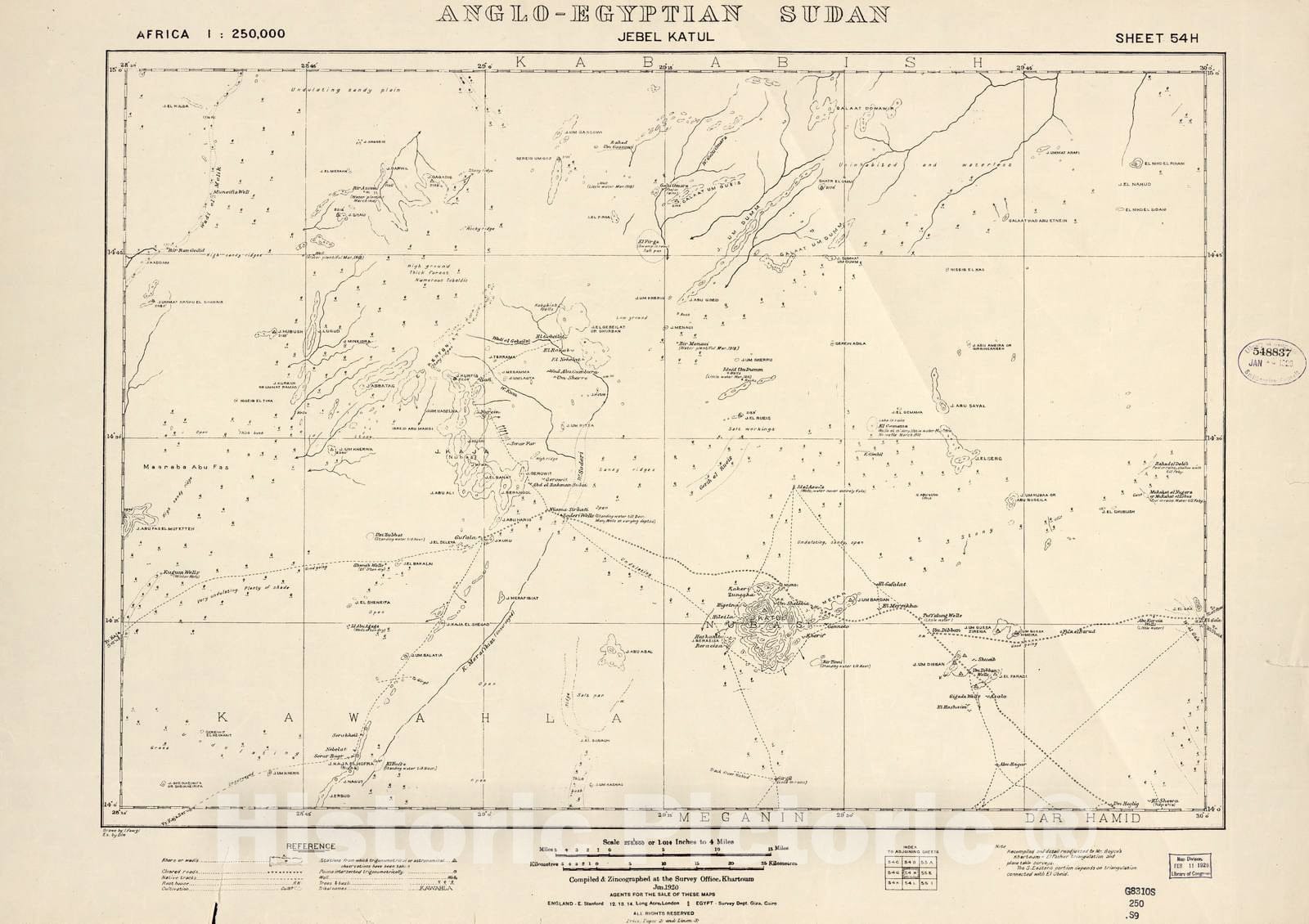 Historic 1909 Map - Sudan 1:250,000 - Jebel Katu 54-H Jun 1920 - Anglo-Egyptian Sudan