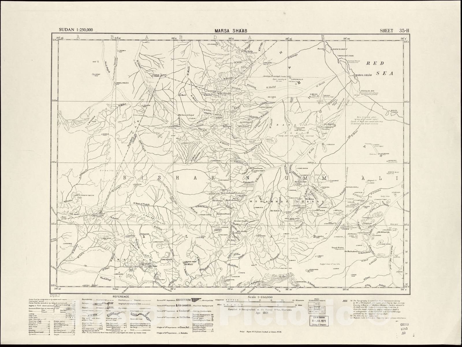 Historic 1909 Map - Sudan 1:250,000 - Mersa Shab Sheet 35-H Apr 1931 - Anglo-Egyptian Sudan