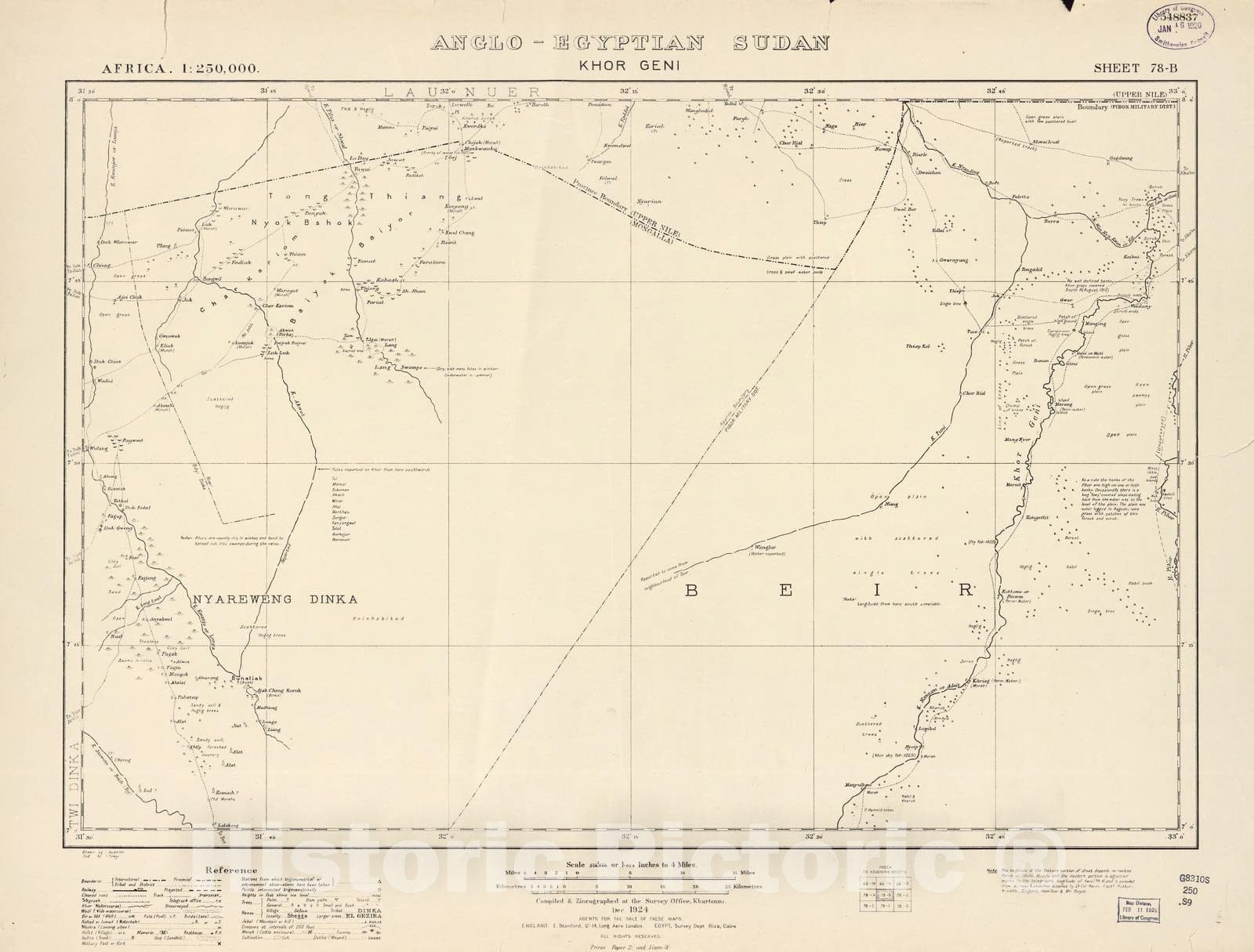 Historic 1909 Map - Sudan 1:250,000 - Khor Geni Sheet 78-B Dec 1924 - Anglo-Egyptian Sudan