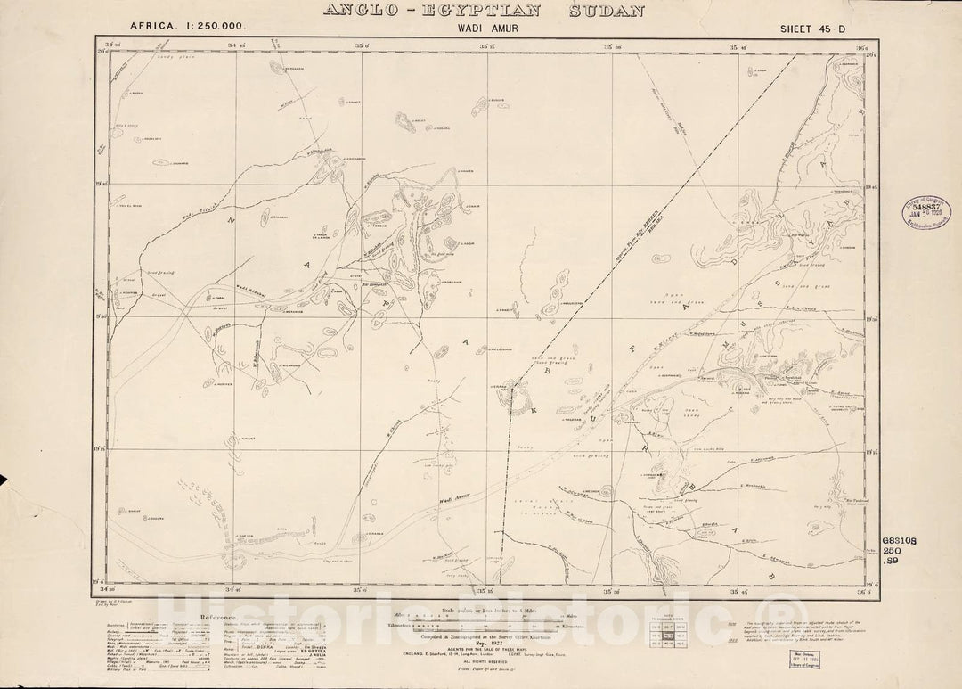 Historic 1909 Map - Sudan 1:250,000 - Wadi Amur Sheet 45-D Sep 1922 - Anglo-Egyptian Sudan