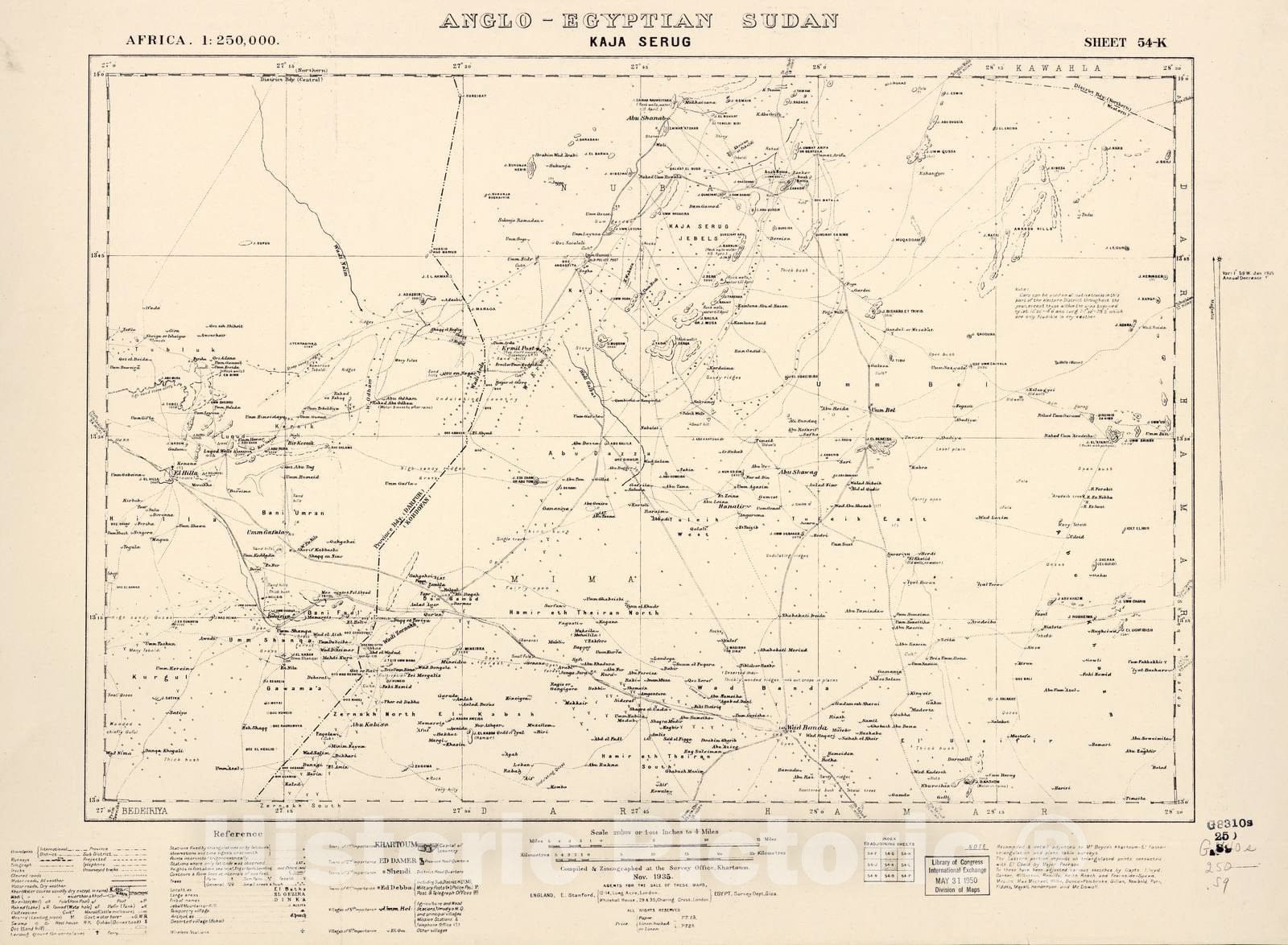 Historic 1909 Map - Sudan 1:250,000 - Kaja Aerug Sheet 54-K Nov 1935 - Anglo-Egyptian Sudan