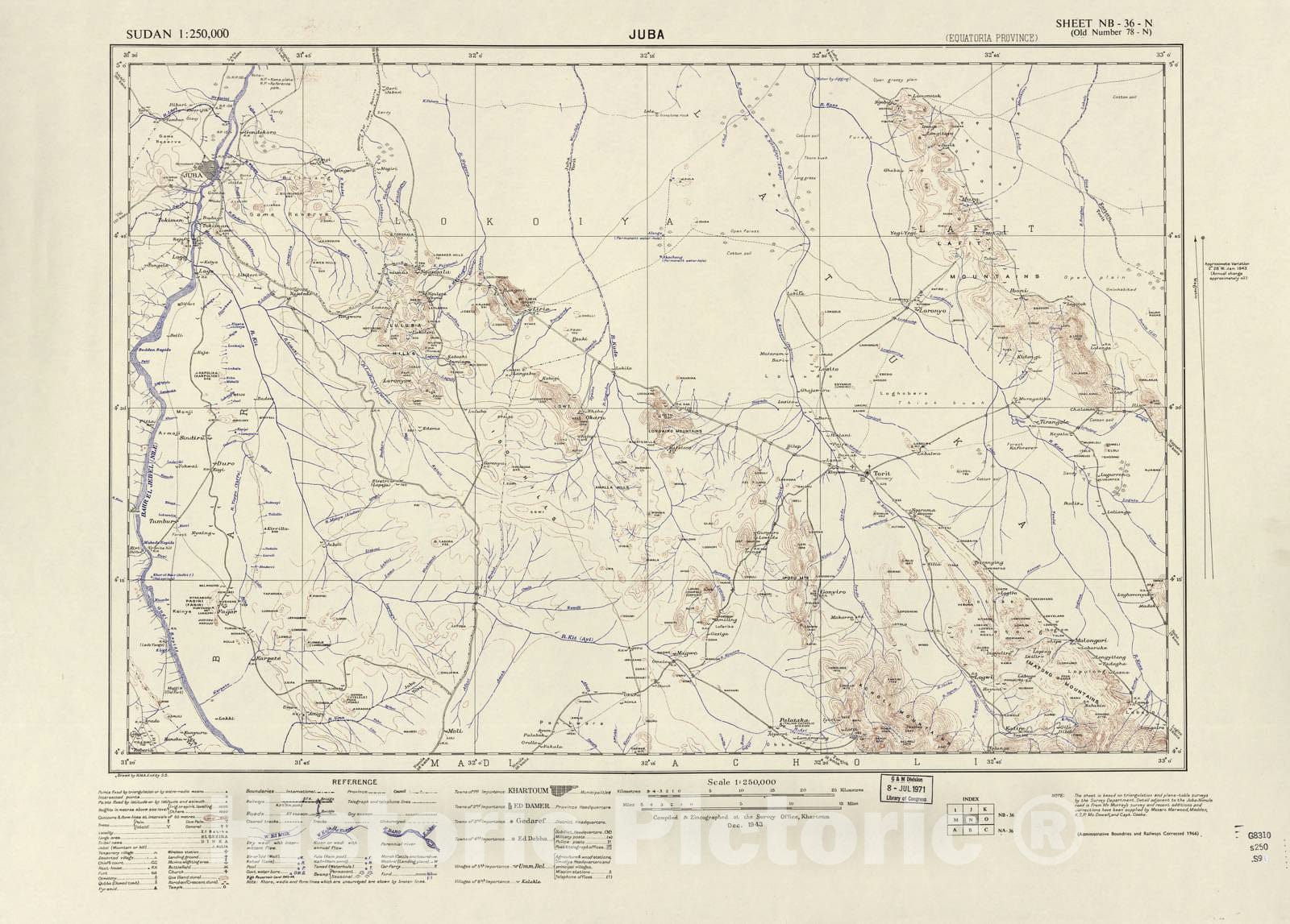 Historic 1909 Map - Sudan 1:250,000 - Juba Sheet NB-36-N (Old Number 78-N; No Month) 1966 - Anglo-Egyptian Sudan