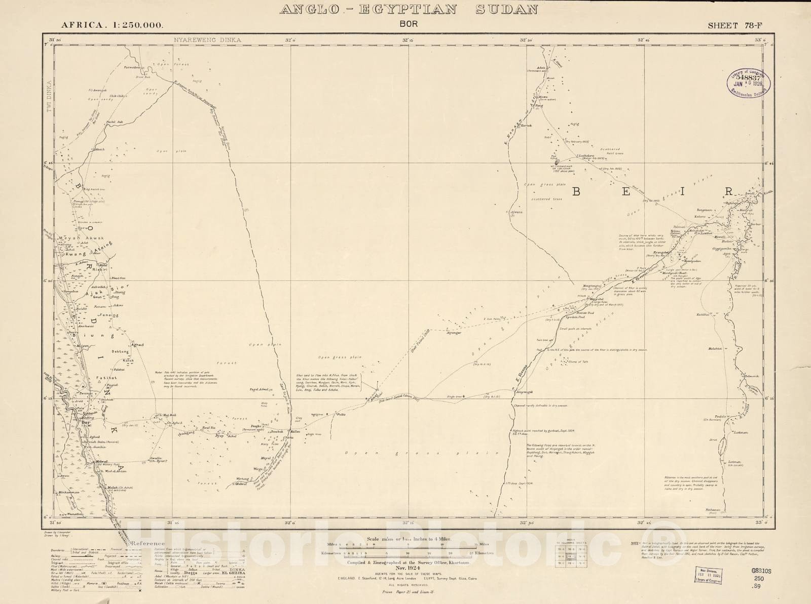 Historic 1909 Map - Sudan 1:250,000 - BOR Sheet 78-F Nov 1924 - Anglo-Egyptian Sudan