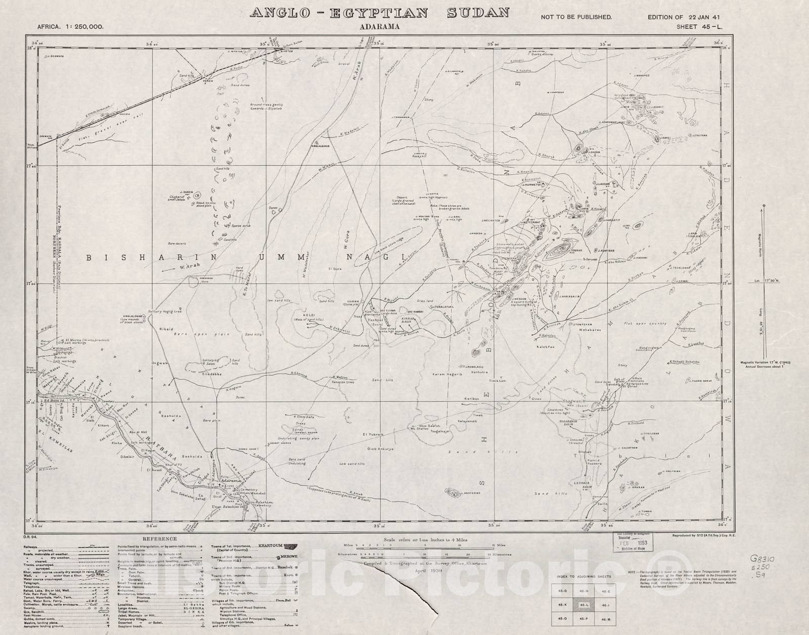 Historic 1909 Map - Sudan 1:250,000 - Adarama Sheet 45-L Apr 1939 - Anglo-Egyptian Sudan