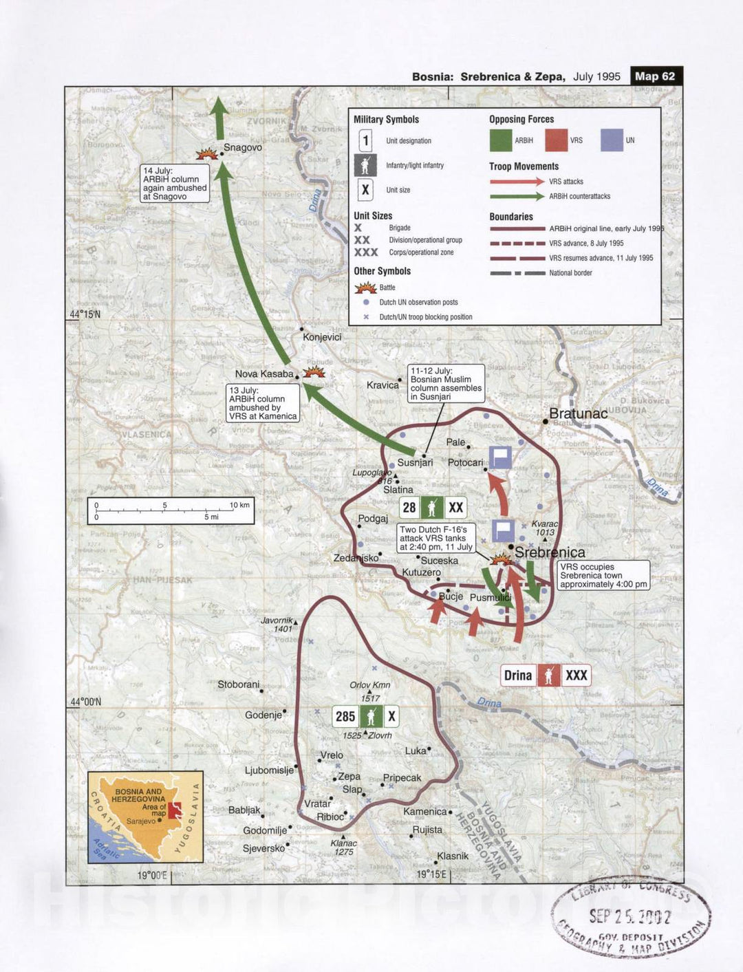 Historic 2002 Map - Balkan battlegrounds - Bosnia: Srebrenica & Zepa, July 1995