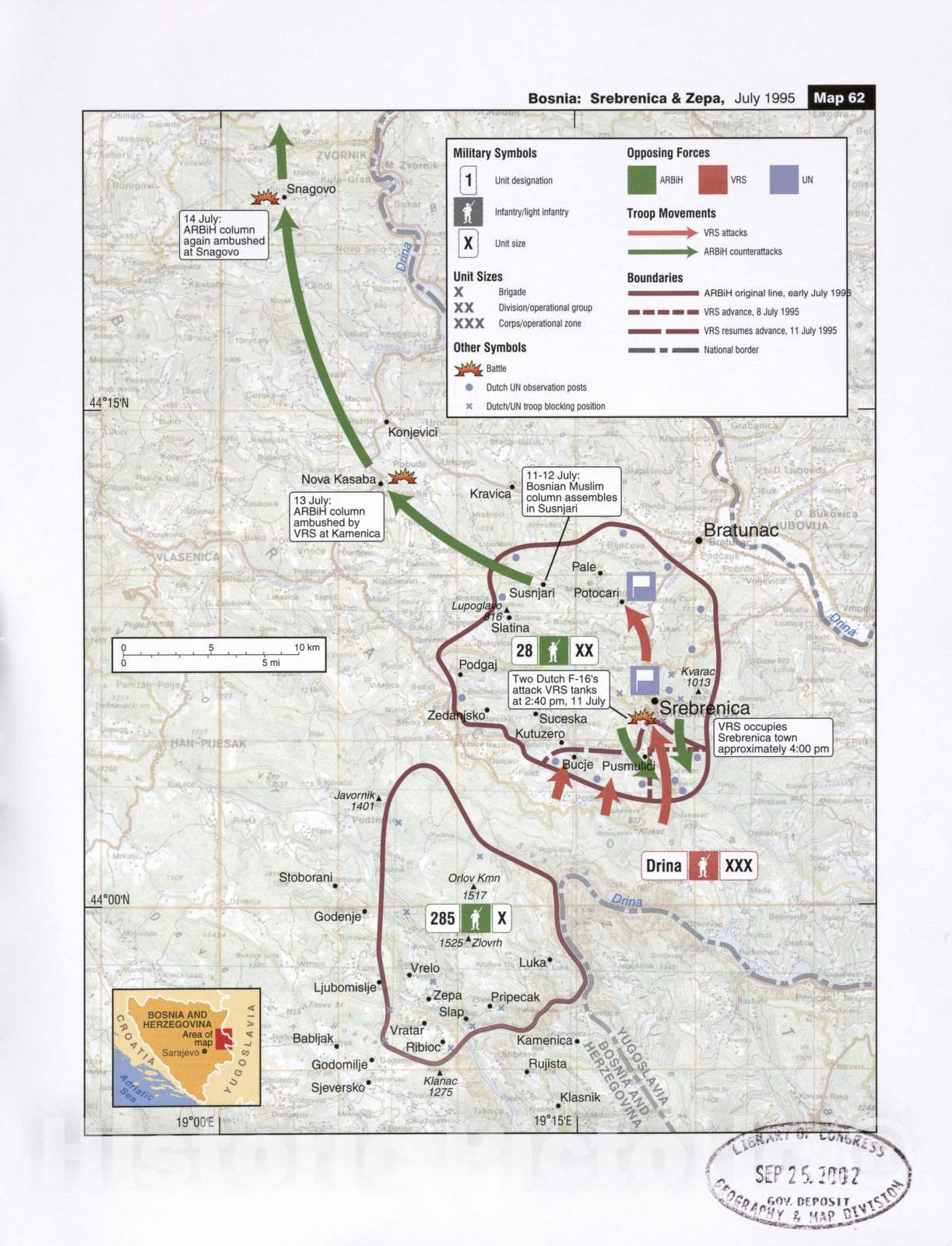 Historic 2002 Map - Balkan battlegrounds - Bosnia: Srebrenica & Zepa, July 1995