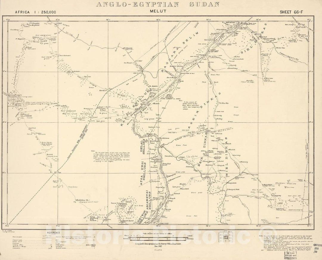 Historic 1909 Map - Sudan 1:250,000 - Melut Sheet 66-F Dec 1917 - Anglo-Egyptian Sudan