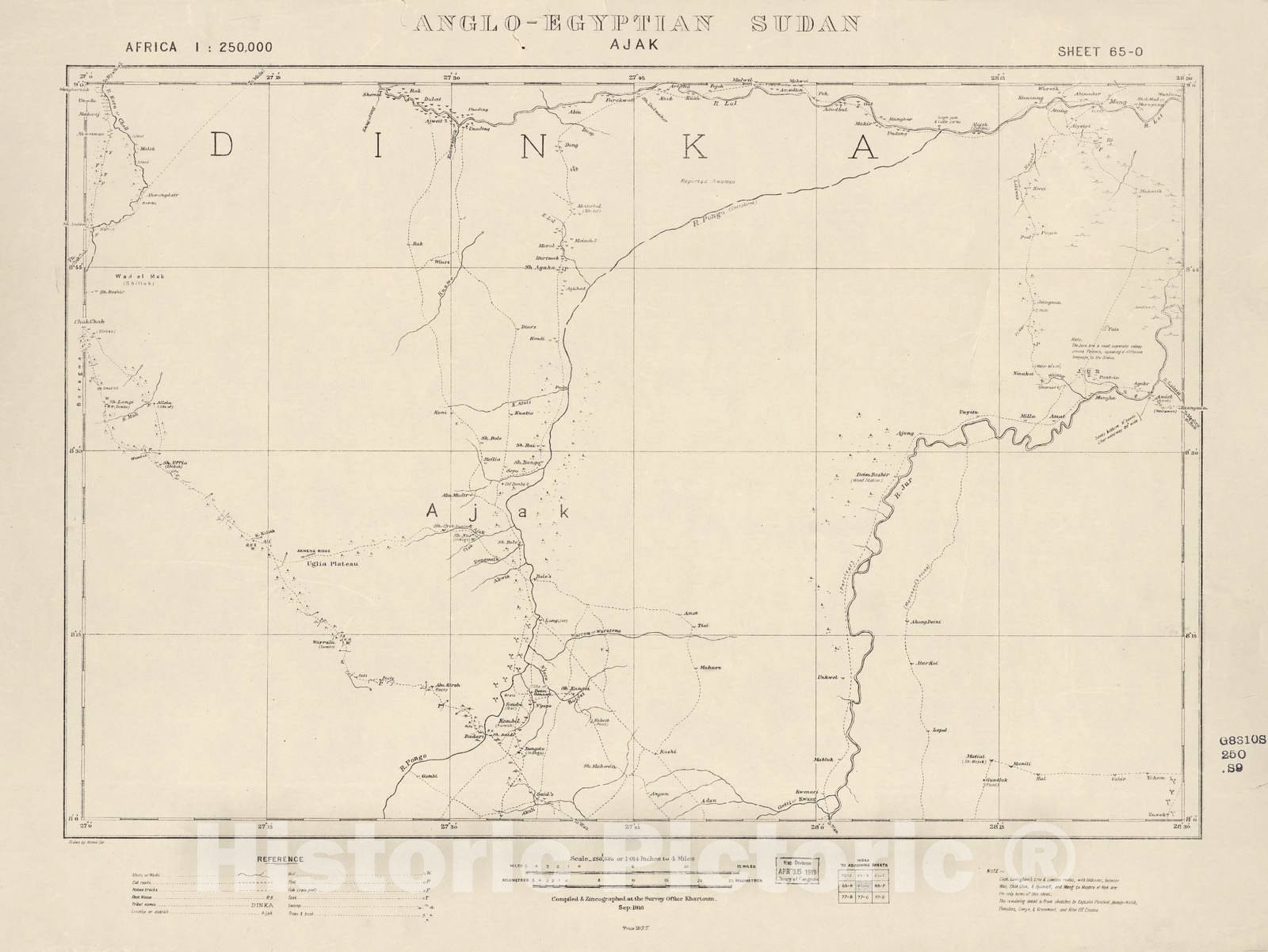 Historic 1909 Map - Sudan 1:250,000 - Ajak Sheet 65-O Sep 1916 - Anglo-Egyptian Sudan