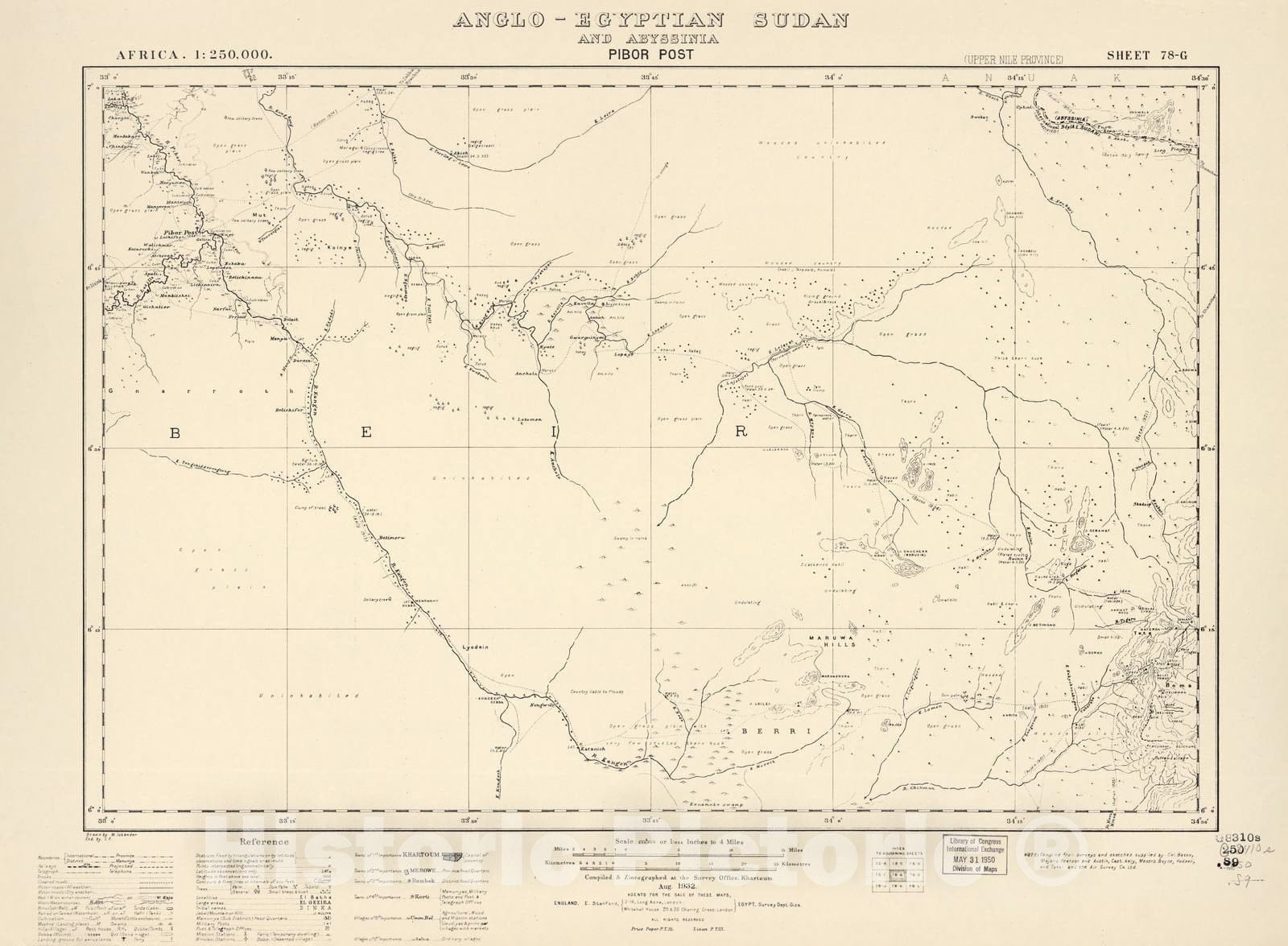 Historic 1909 Map - Sudan 1:250,000 - Pibor Post Sheet 78-G Aug 1932 - Anglo-Egyptian Sudan