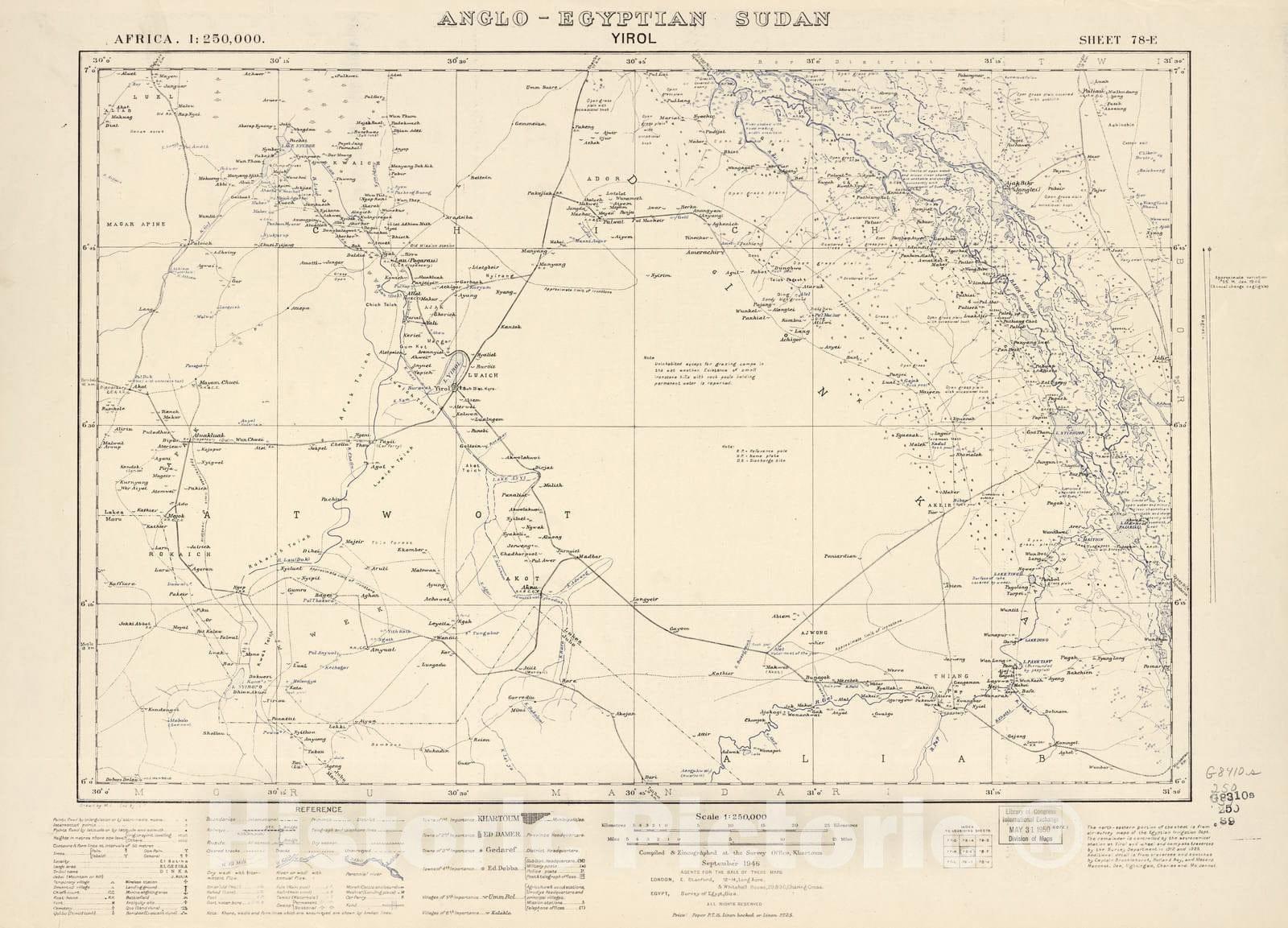 Historic 1909 Map - Sudan 1:250,000 - Yirol Sheet 78-E Sep 1946 - Anglo-Egyptian Sudan