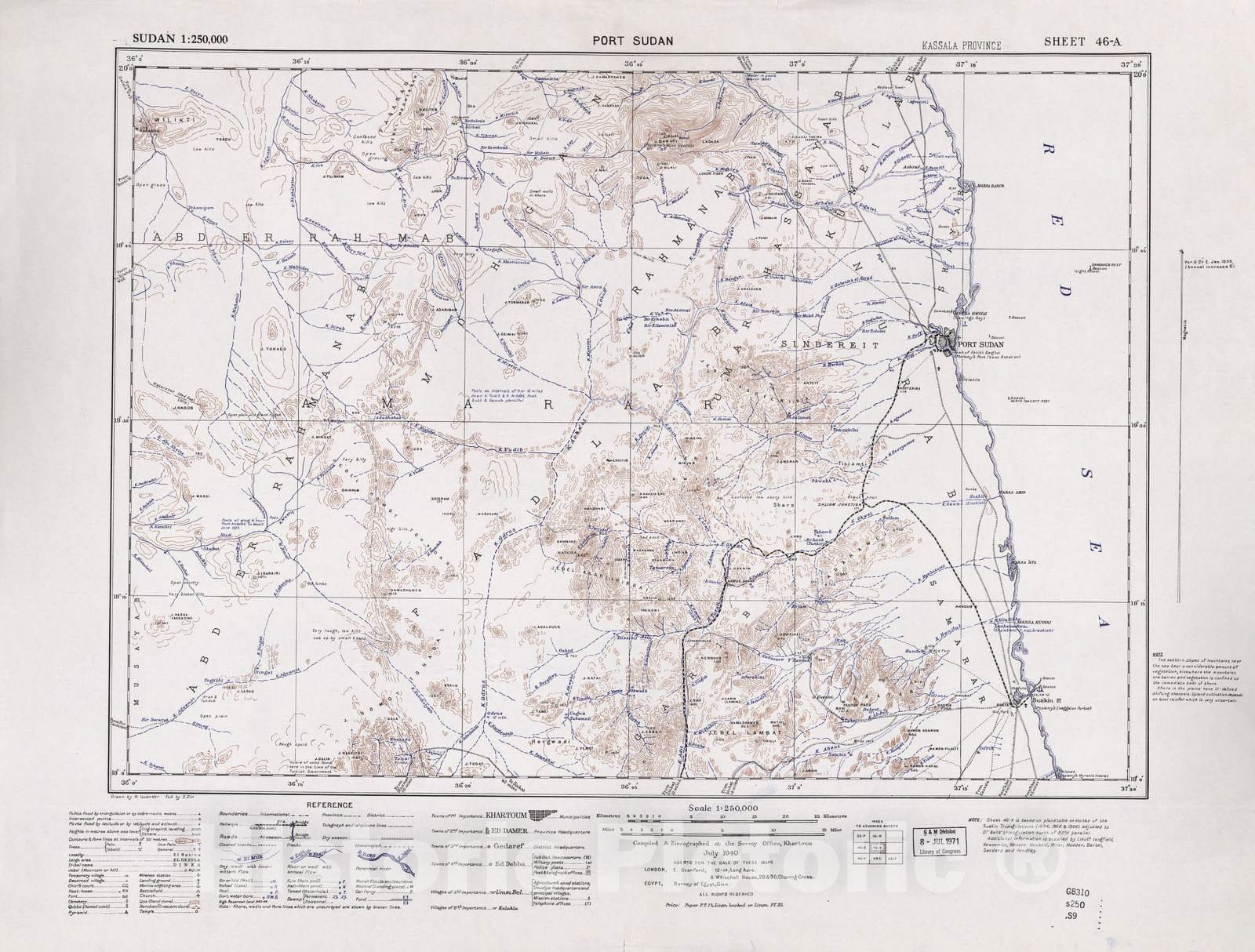 Historic 1909 Map - Sudan 1:250,000 - Port Sudan Sheet 46-A Jul 1940 - Anglo-Egyptian Sudan