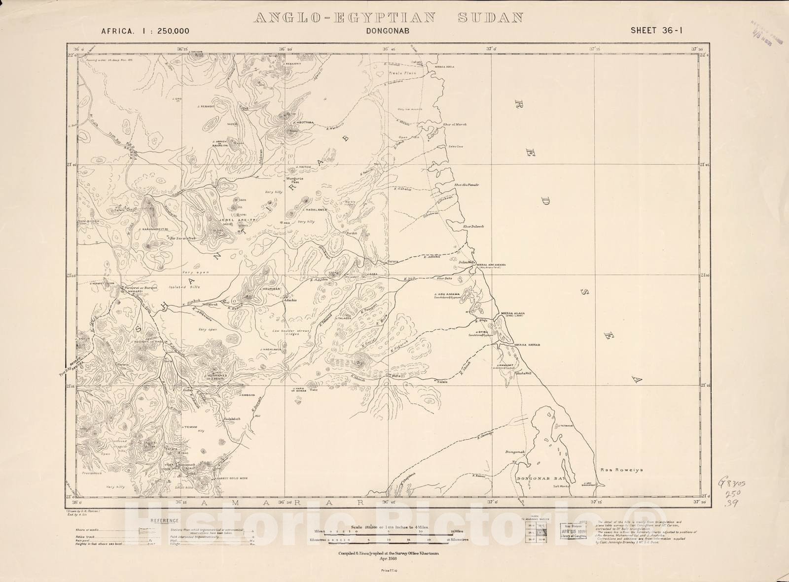 Historic 1909 Map - Sudan 1:250,000 - Dongonab Sheet 36-I Apr 1918 - Anglo-Egyptian Sudan