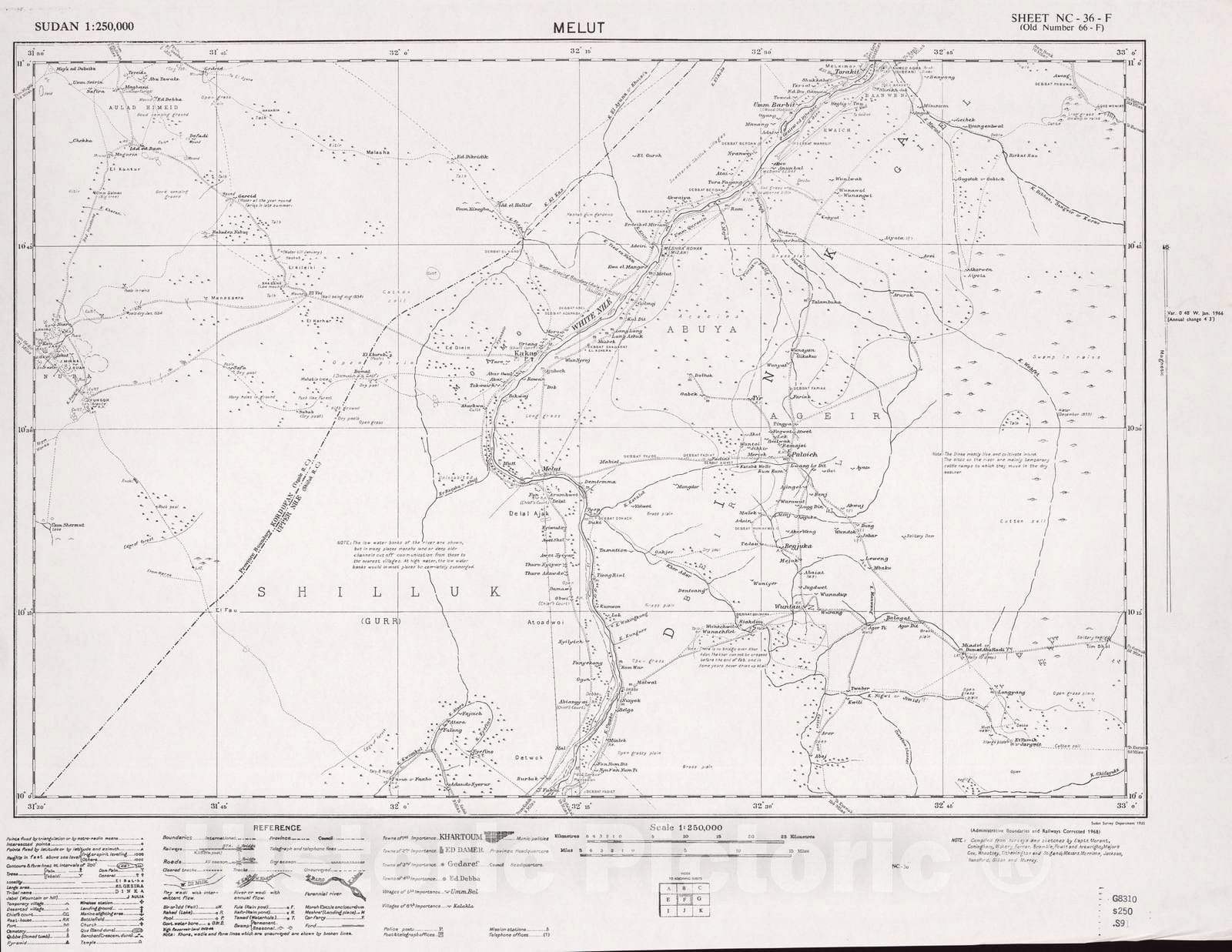 Historic 1909 Map - Sudan 1:250,000 - Melut Sheet NC-36-F (Old Number 66-F; No Month) 1968 - Anglo-Egyptian Sudan