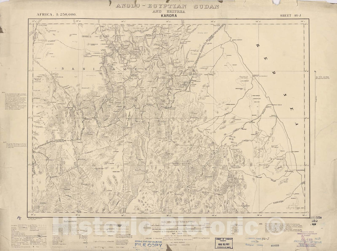 Historic 1909 Map - Sudan 1:250,000 - Karora Sheet 46-J Apr 1934 - Anglo-Egyptian Sudan