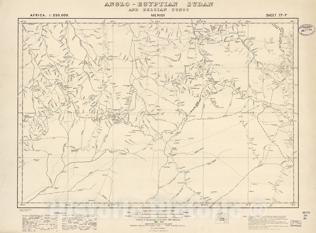 Historic 1909 Map - Sudan 1:250,000 - Meridi Sheet 77-P Mar 1922 - Anglo-Egyptian Sudan