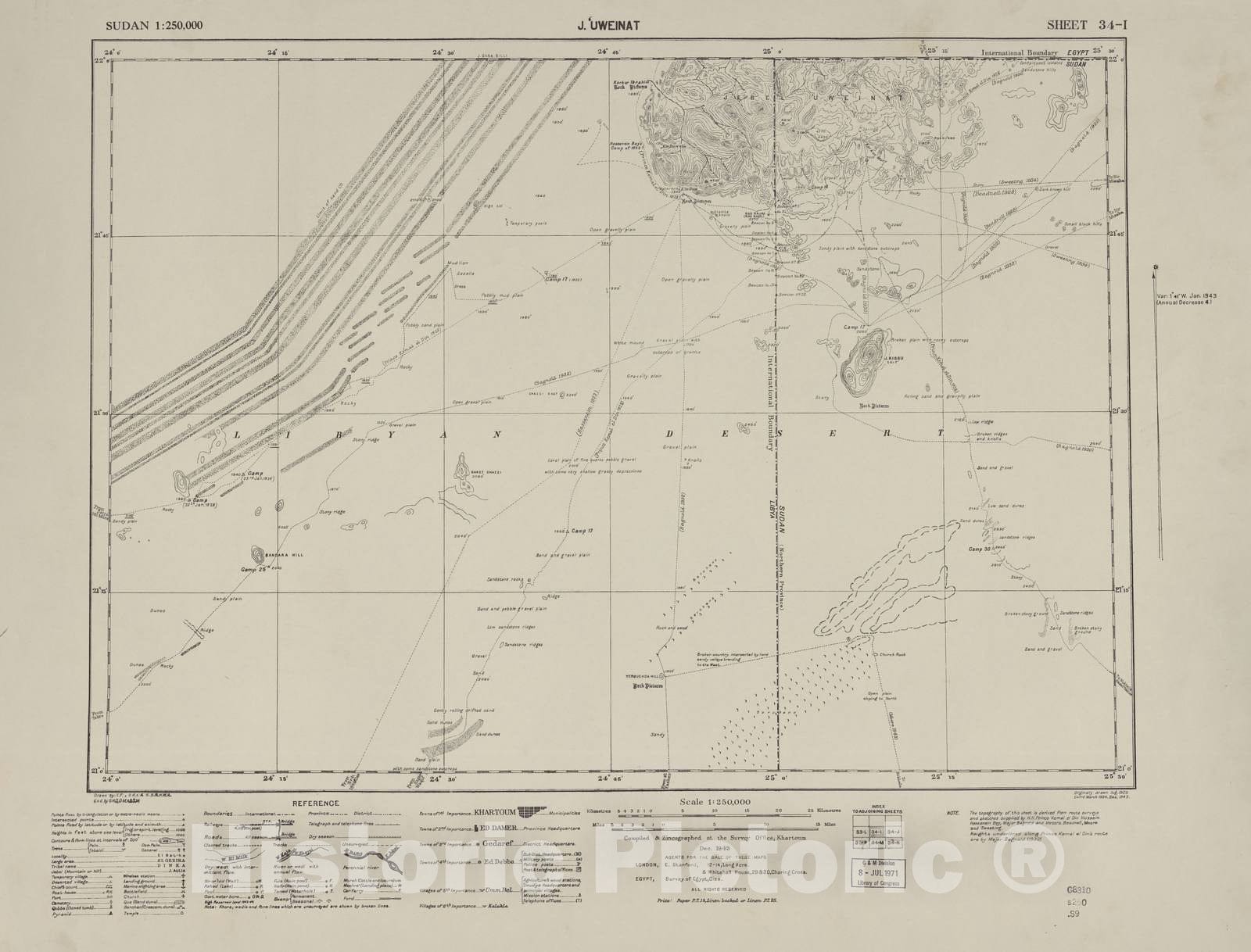 Historic 1909 Map - Sudan 1:250,000 - J.Uweinat Sheet 34-I Dec 1943 - Anglo-Egyptian Sudan