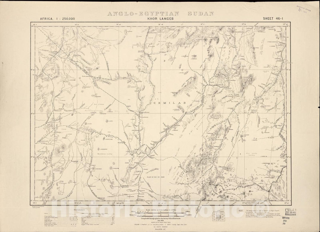 Historic 1909 Map - Sudan 1:250,000 - Khor Langeb Sheet 46-I Jan 1919 - Anglo-Egyptian Sudan