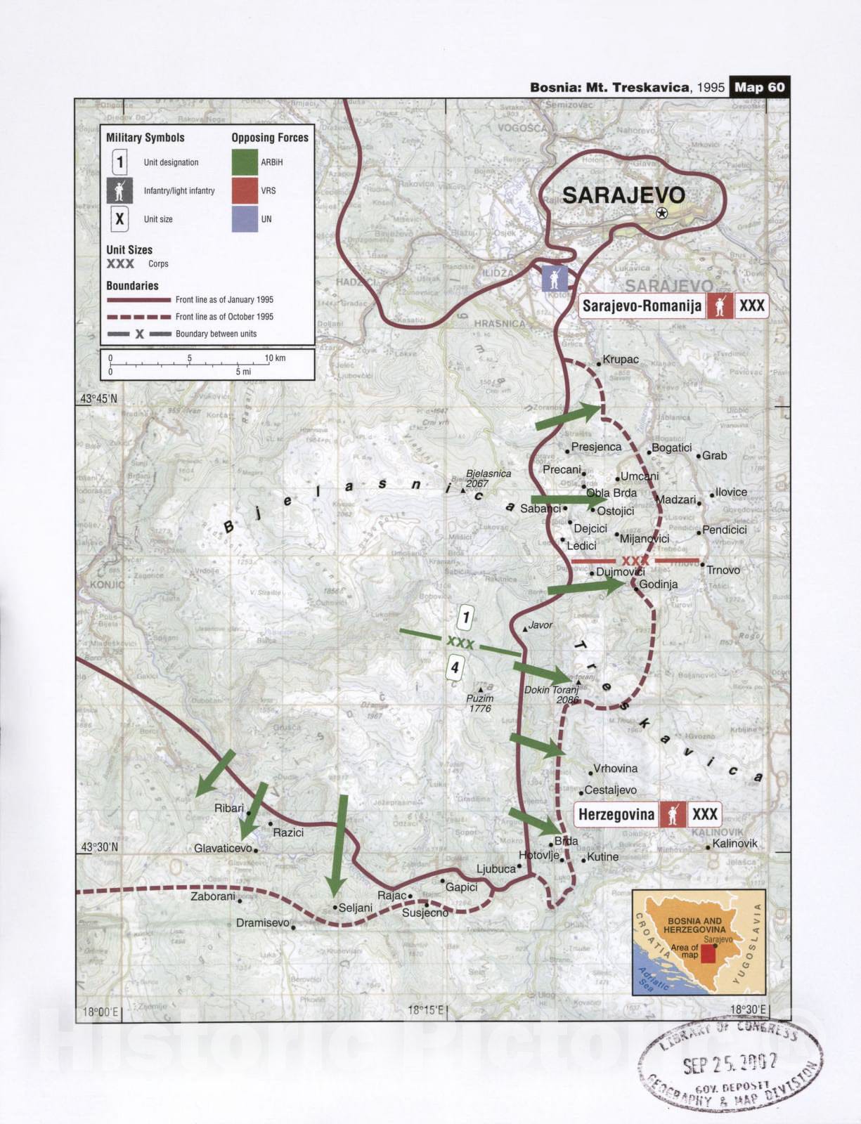 Historic 2002 Map - Balkan battlegrounds - Bosnia: Mt. Treskavica, 1995