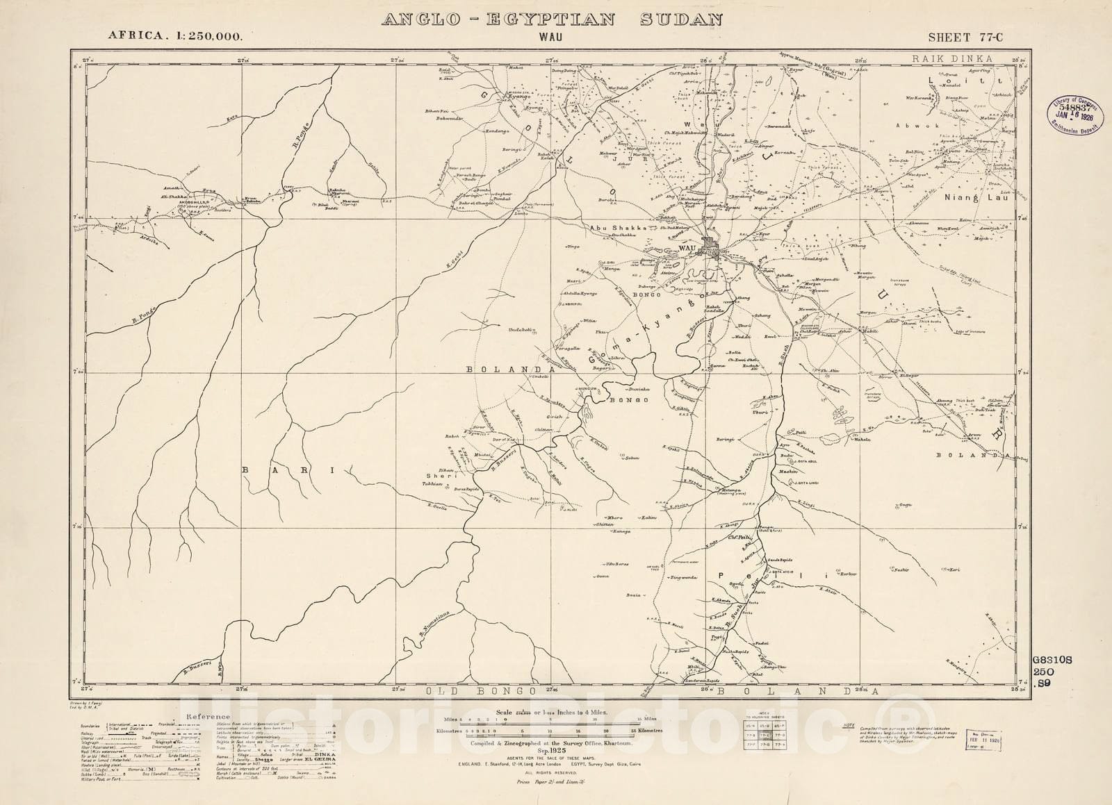 Historic 1909 Map - Sudan 1:250,000 - Wau Sheet 77-C Sep 1925 - Anglo-Egyptian Sudan