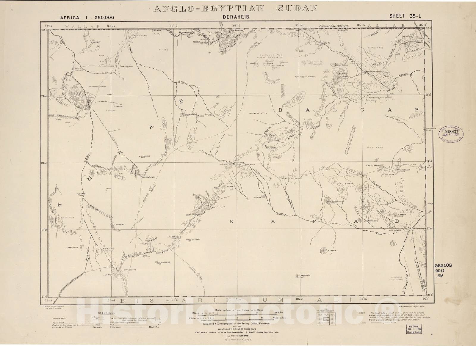 Historic 1909 Map - Sudan 1:250,000 - Deraheib Sheet 35-L Dec 1919 - Anglo-Egyptian Sudan