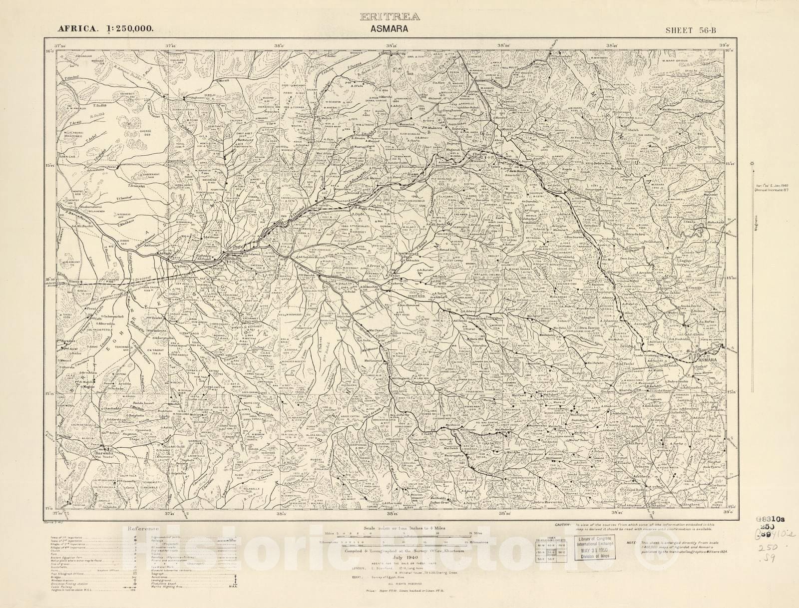 Historic 1909 Map - Sudan 1:250,000 - Asmara Sheet 56-B Jul 1940 - Anglo-Egyptian Sudan