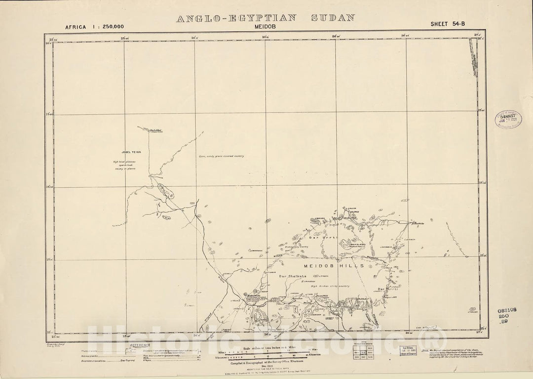 Historic 1909 Map - Sudan 1:250,000 - Meidob Sheet 54-B Dec 1921 - Anglo-Egyptian Sudan