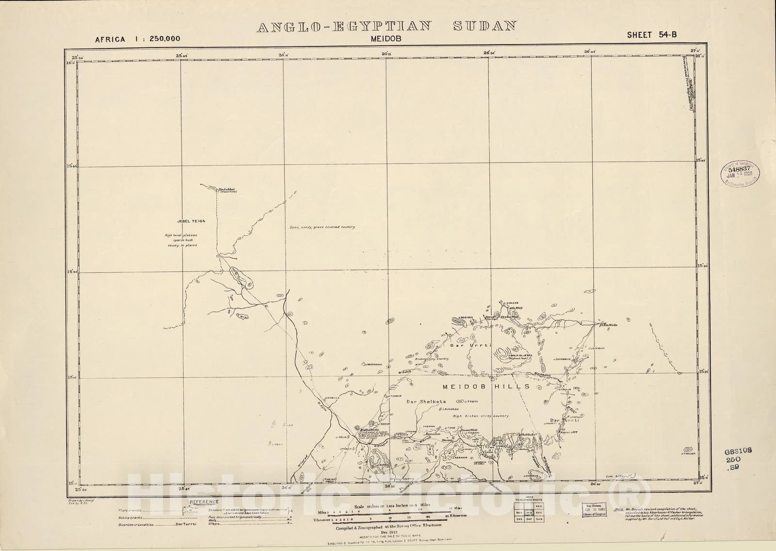 Historic 1909 Map - Sudan 1:250,000 - Meidob Sheet 54-B Dec 1921 - Anglo-Egyptian Sudan