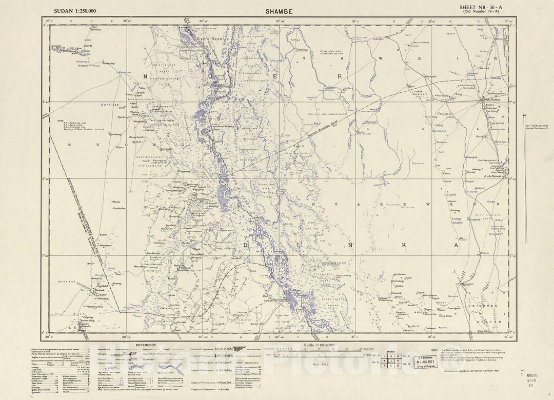 Historic 1909 Map - Sudan 1:250,000 - Shambe Sheet NB-36-A (Old Number 78-A) Dec 1938 - Anglo-Egyptian Sudan