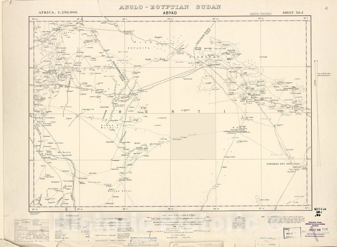 Historic 1909 Map - Sudan 1:250,000 - Abyad Sheet 54-J Oct 1933 - Anglo-Egyptian Sudan