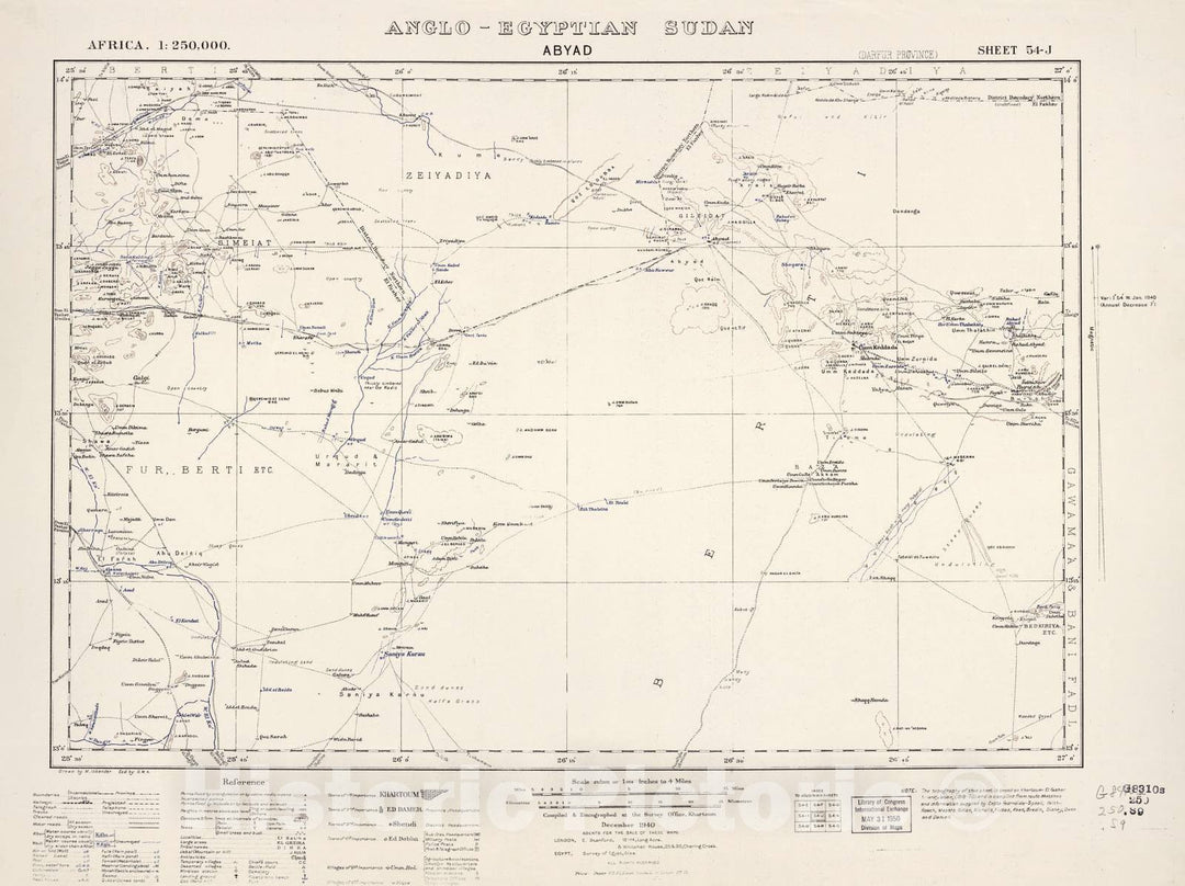 Historic 1909 Map - Sudan 1:250,000 - Abyad Sheet 54-J Dec 1940 - Anglo-Egyptian Sudan