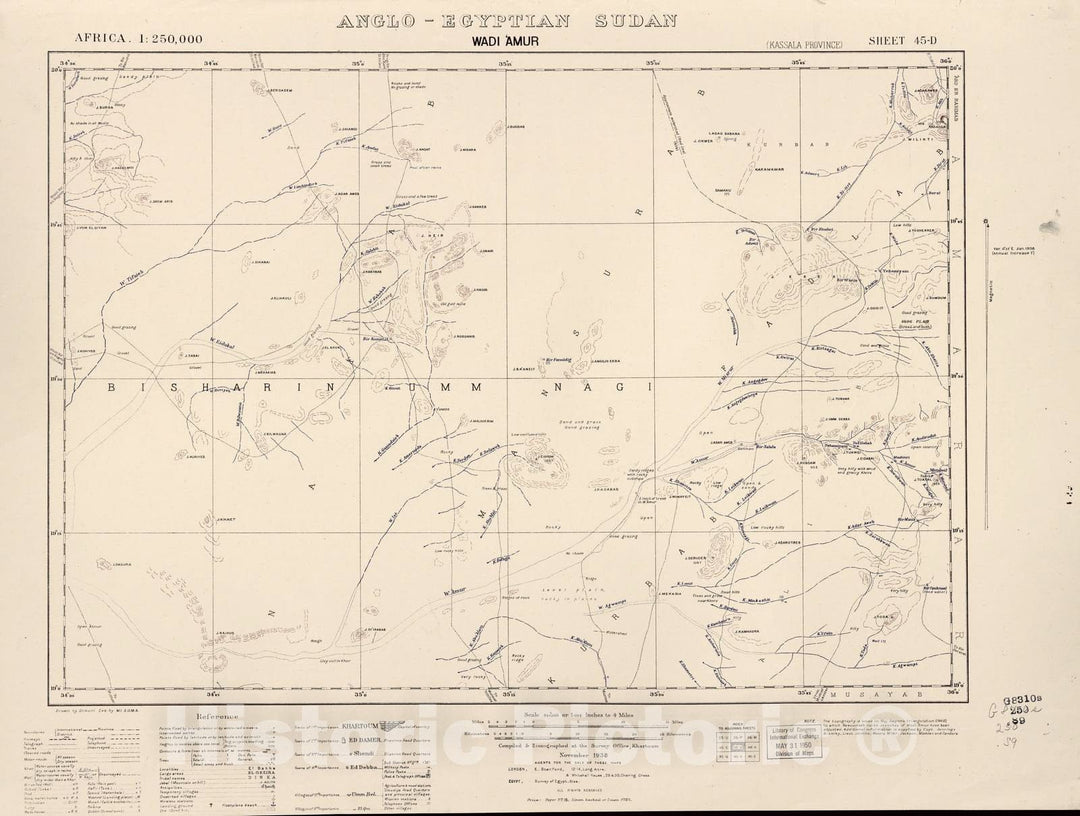 Historic 1909 Map - Sudan 1:250,000 - Wadi Amur Sheet 45-D Nov 1938 - Anglo-Egyptian Sudan