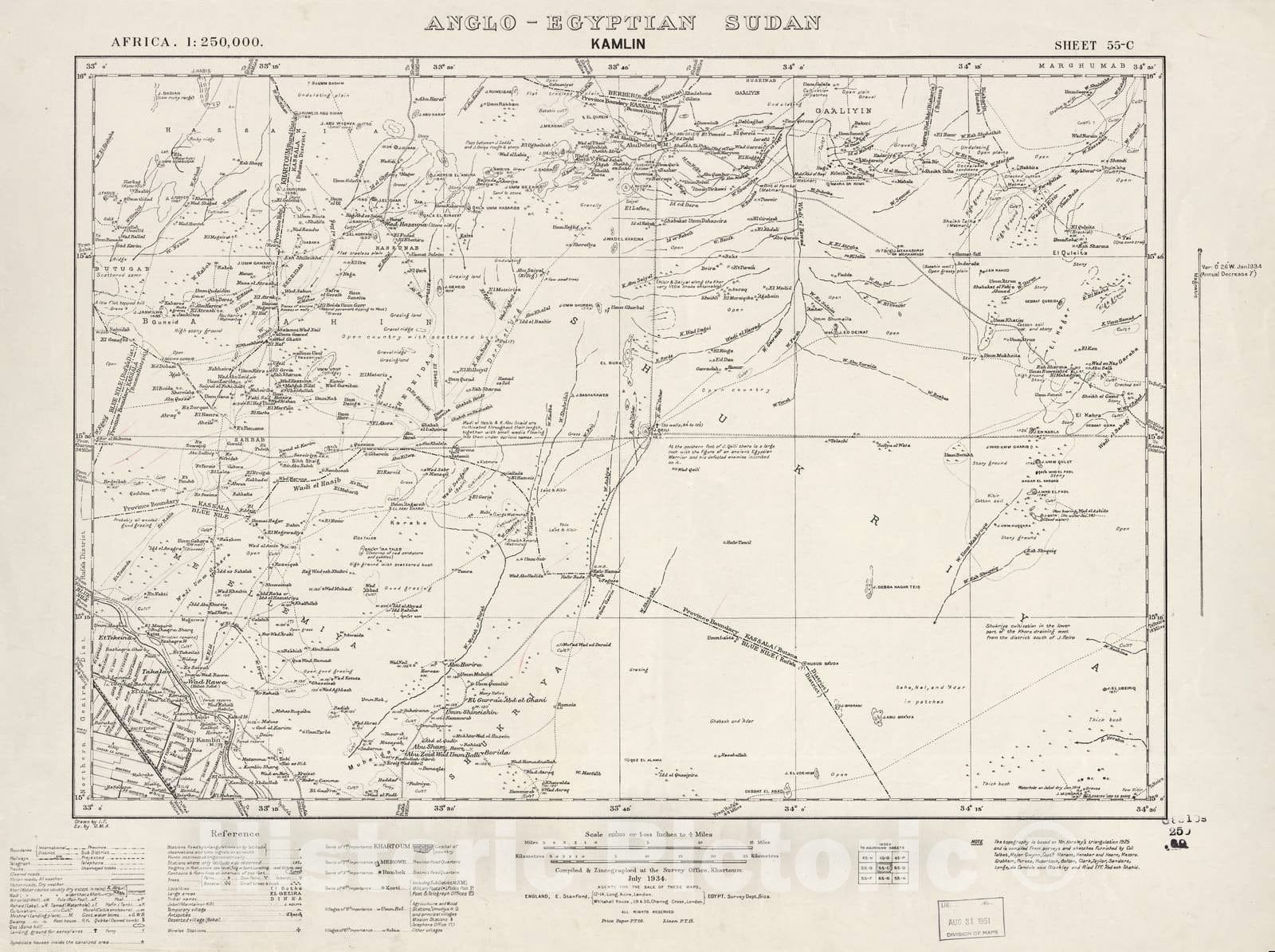 Historic 1909 Map - Sudan 1:250,000 - Kamlin Sheet 55-C Jul 1934 - Anglo-Egyptian Sudan