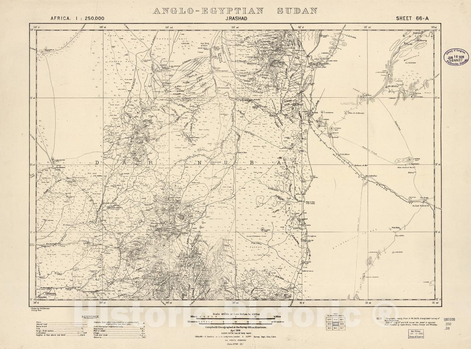 Historic 1909 Map - Sudan 1:250,000 - J. Rashad Sheet 66-A Apr 1919 - Anglo-Egyptian Sudan