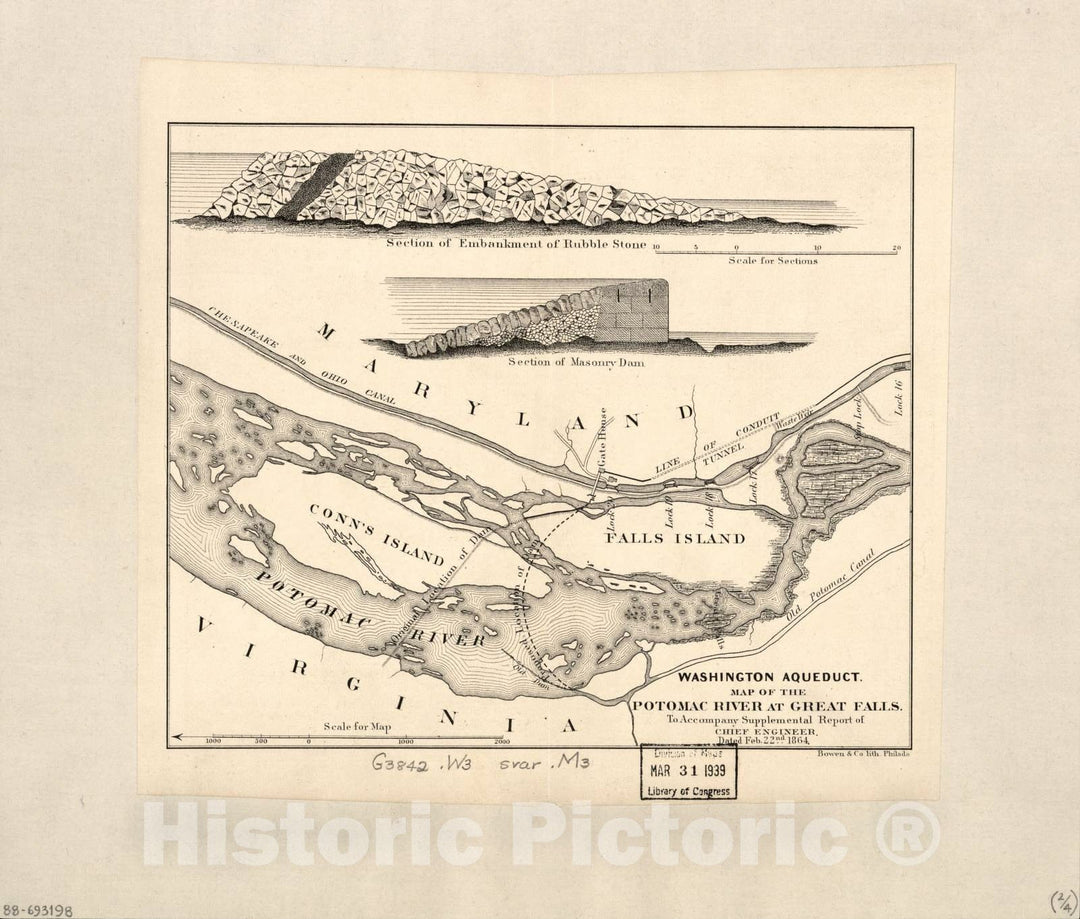 Historic 1864 Map - Maps of The Washington Aqueduct, Md. and Washington D.C. - Washington Aqueduct, map of The Potomac River at Great Falls, 1864