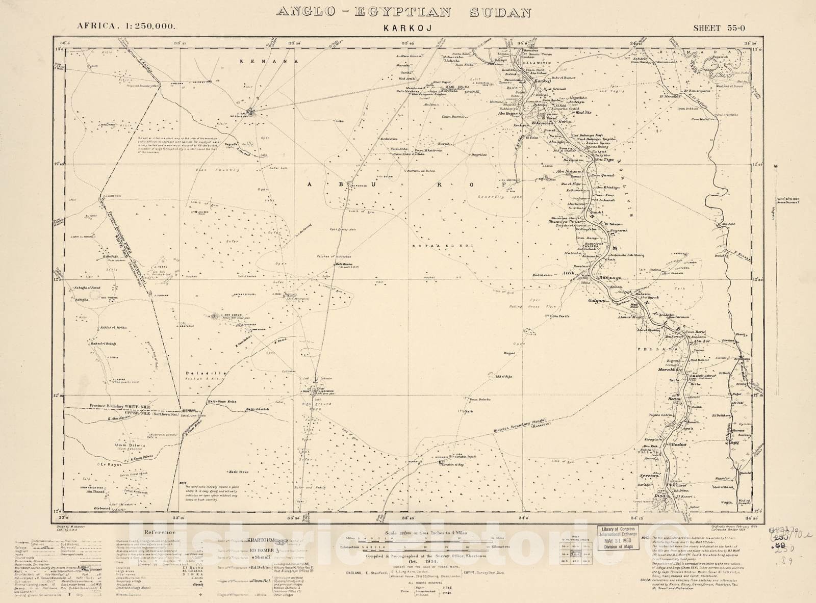 Historic 1909 Map - Sudan 1:250,000 - Karkoj Sheet 55-O Oct 1934 - Anglo-Egyptian Sudan