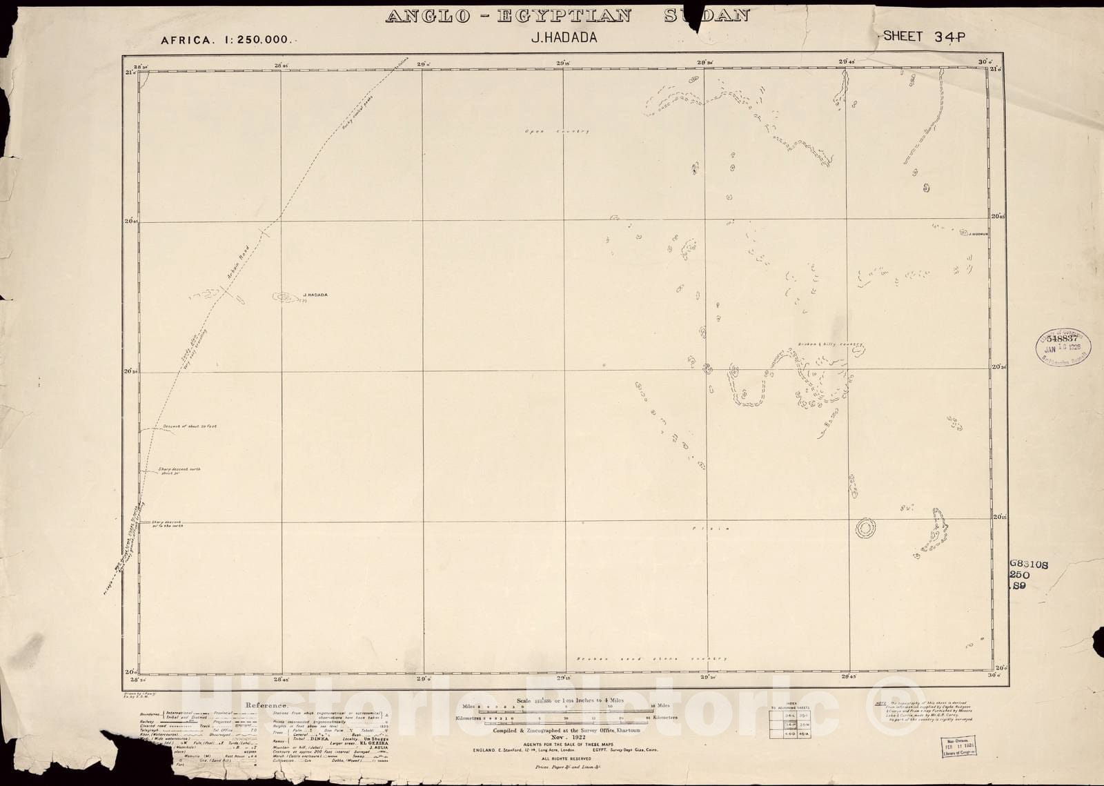 Historic 1909 Map - Sudan 1:250,000 - J. Hadada Sheet 34-P Nov 1922 - Anglo-Egyptian Sudan