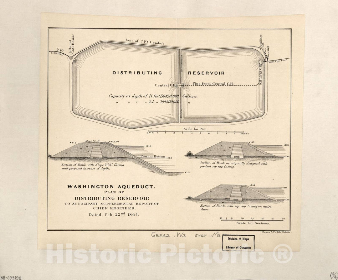 Historic 1864 Map - Maps of The Washington Aqueduct, Md. and Washington D.C. - Washington Aqueduct, Plan of Distributing Reservoir, 1864