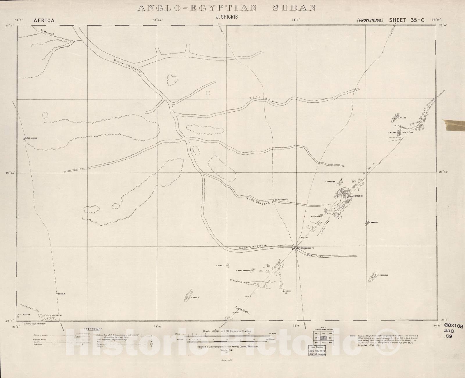 Historic 1909 Map - Sudan 1:250,000 - J. Shigrib Sheet 35-O Mar 1912 - Anglo-Egyptian Sudan