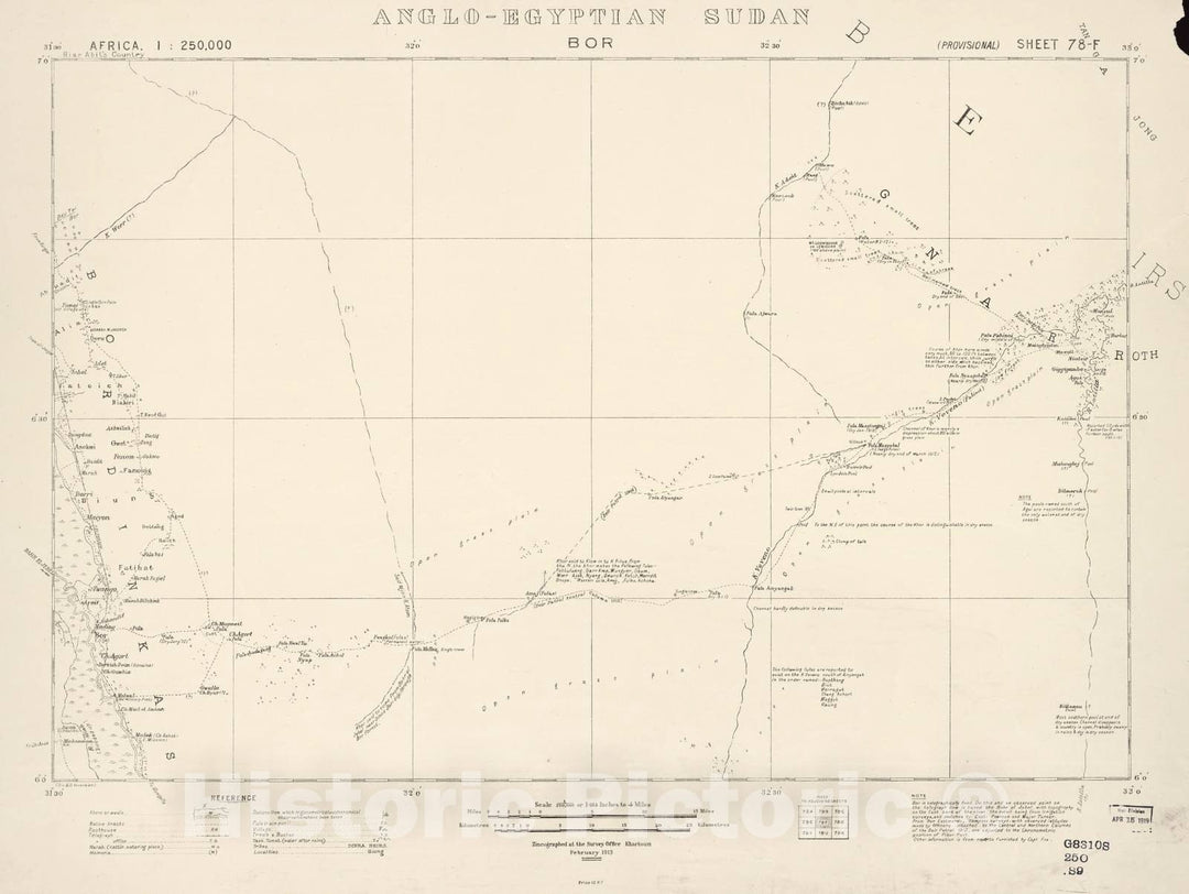 Historic 1909 Map - Sudan 1:250,000 - BOR Sheet 78-F Feb 1913 - Anglo-Egyptian Sudan