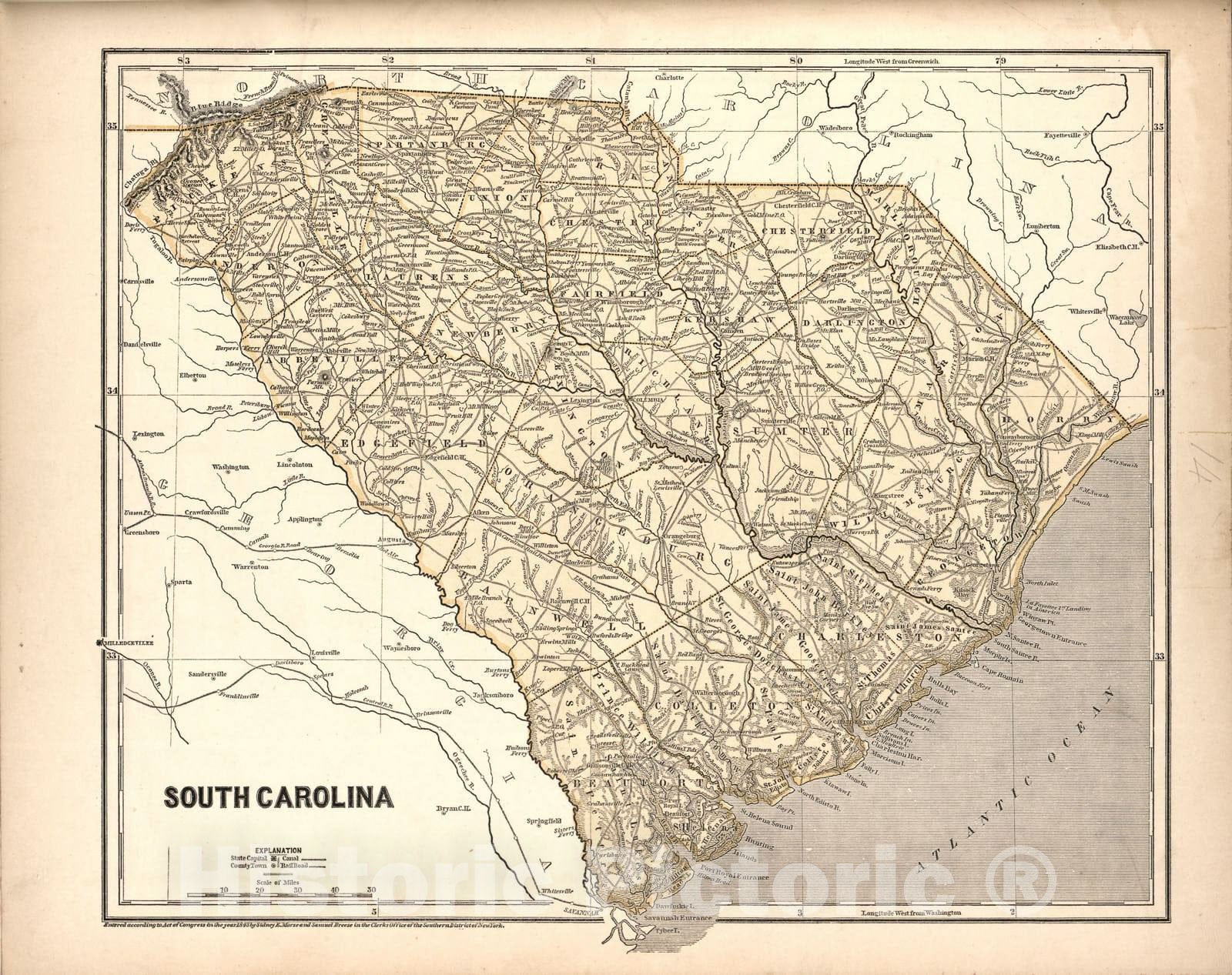 Historic 1842 Map - Morse's North American Atlas. - South Carolina - Morse's cerographic maps