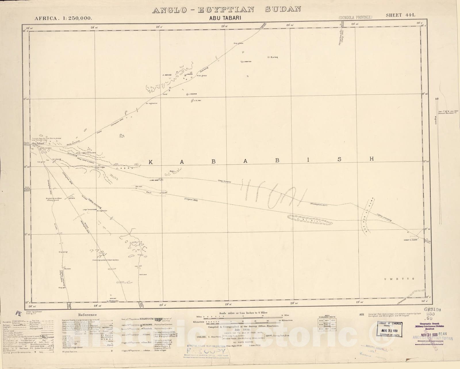 Historic 1909 Map - Sudan 1:250,000 - Abu Tabari Sheet 44-L Jul 1934 - Anglo-Egyptian Sudan