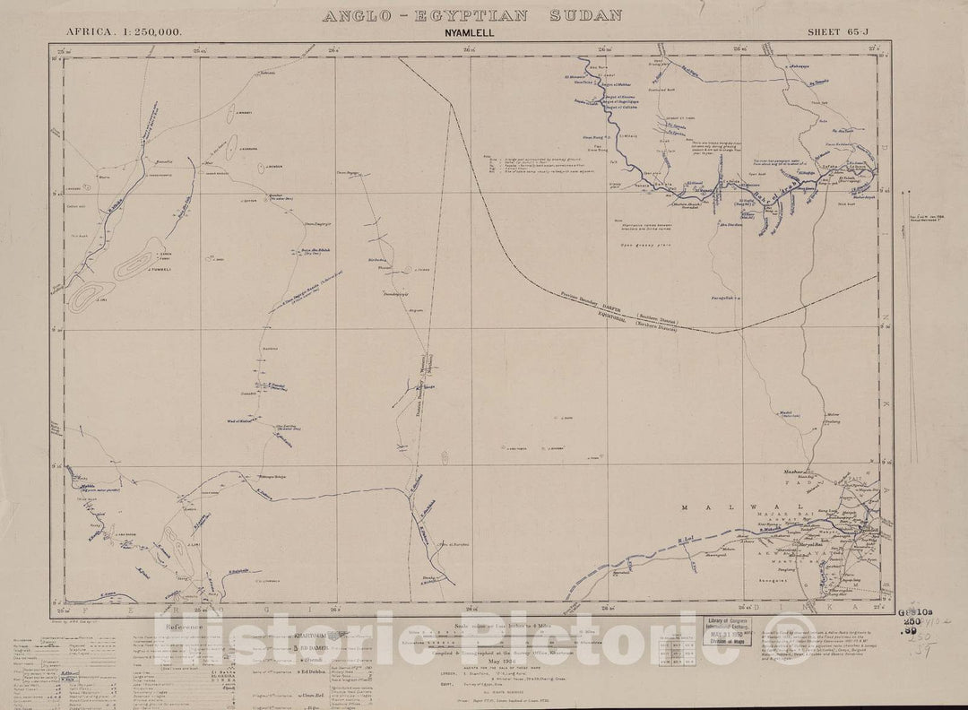 Historic 1909 Map - Sudan 1:250,000 - Nyamlell Sheet 65-J May 1936 - Anglo-Egyptian Sudan 1