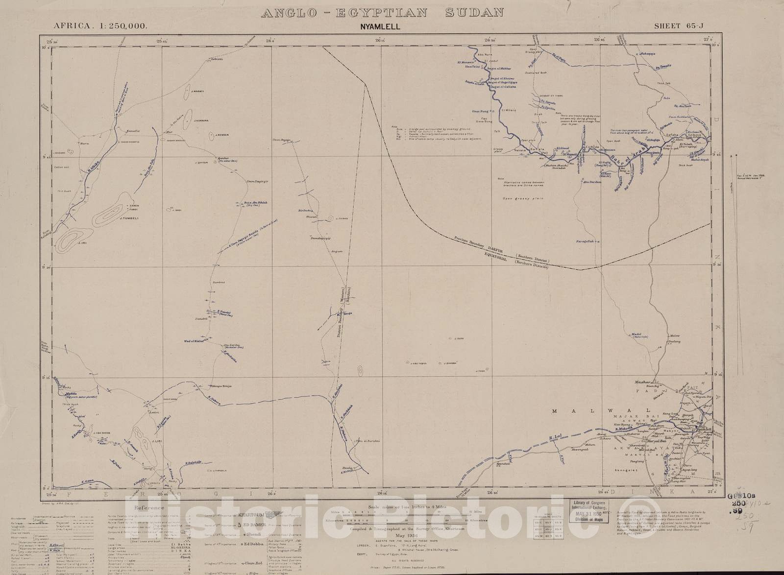 Historic 1909 Map - Sudan 1:250,000 - Nyamlell Sheet 65-J May 1936 - Anglo-Egyptian Sudan 1