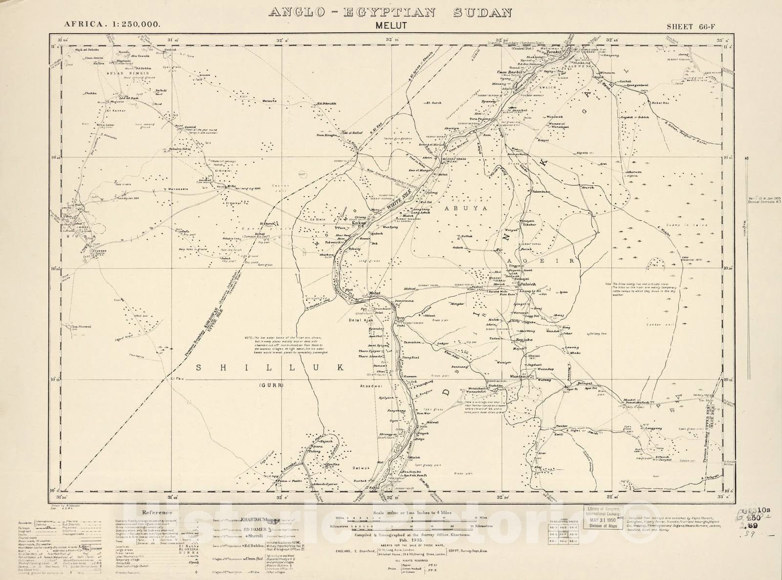 Historic 1909 Map - Sudan 1:250,000 - Melut Sheet 66-F Feb 1935 - Anglo-Egyptian Sudan