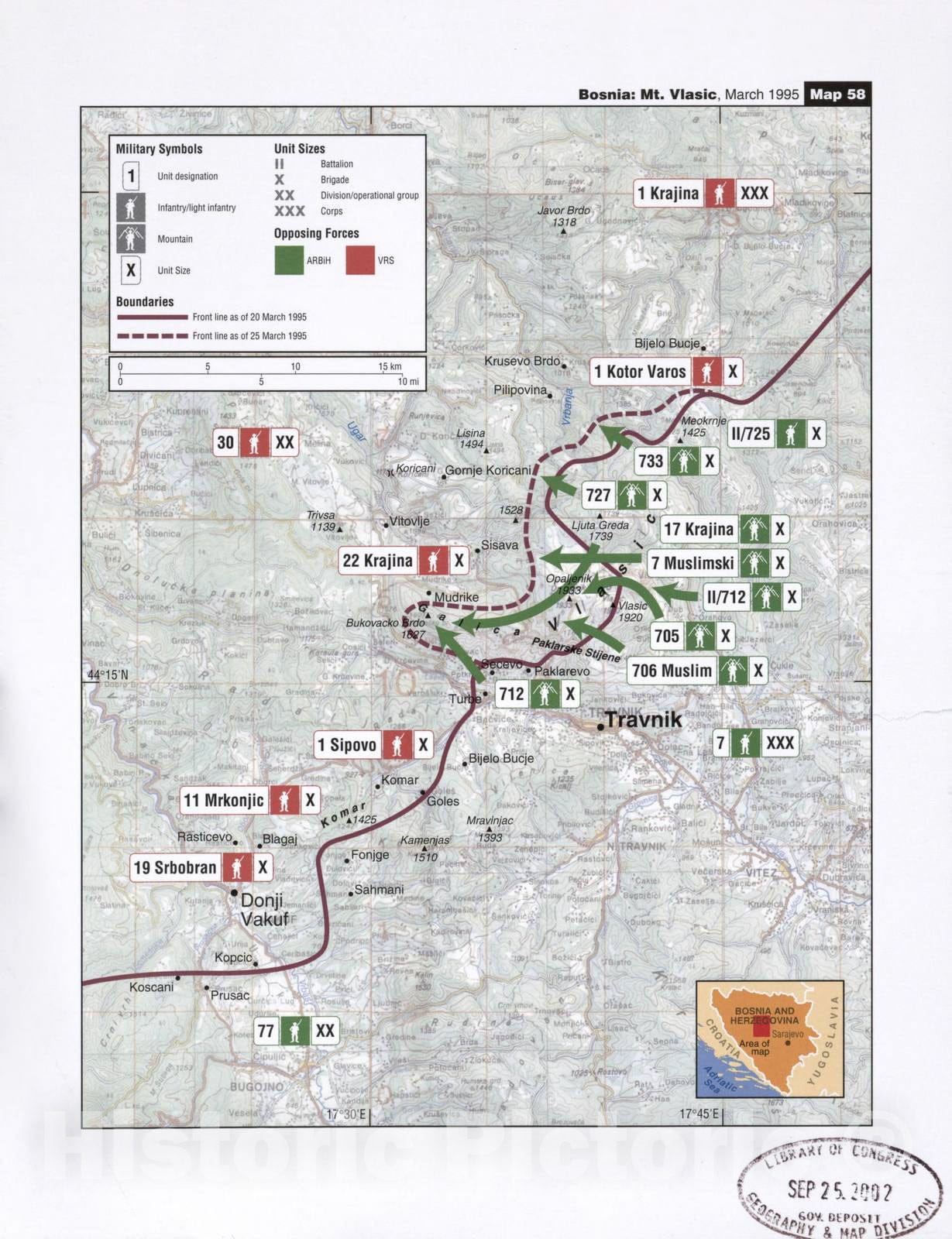 Historic 2002 Map - Balkan battlegrounds - Bosnia: Mt. Vlasic, March 1995